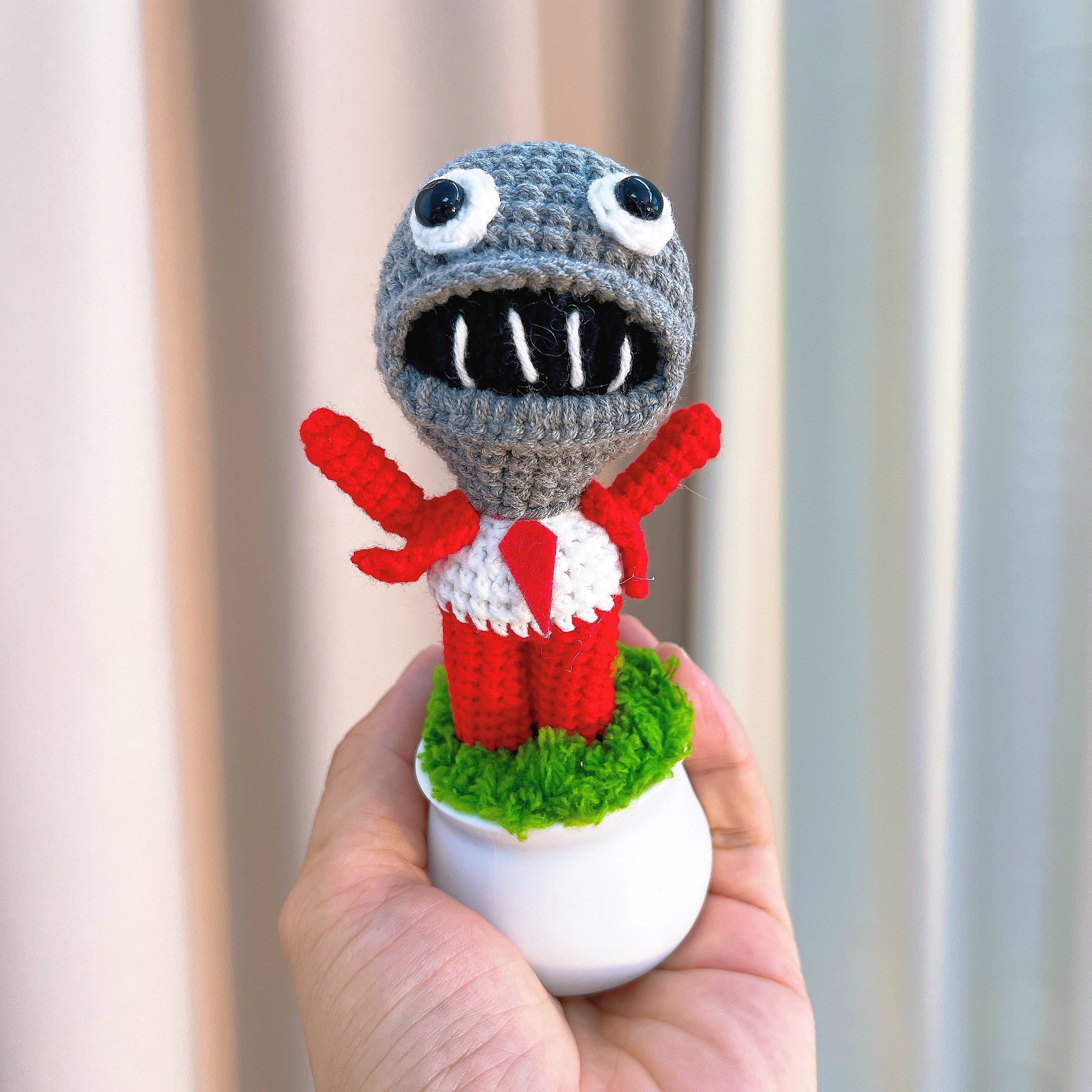 Handmade Crochet Zombie Planter - Red Suit & Tie Open-Arms Zombie in White Pot , Quirky Hypoallergenic Desk Decor, Perfect for Halloween, Gamer Gifts & Fun Office Decor