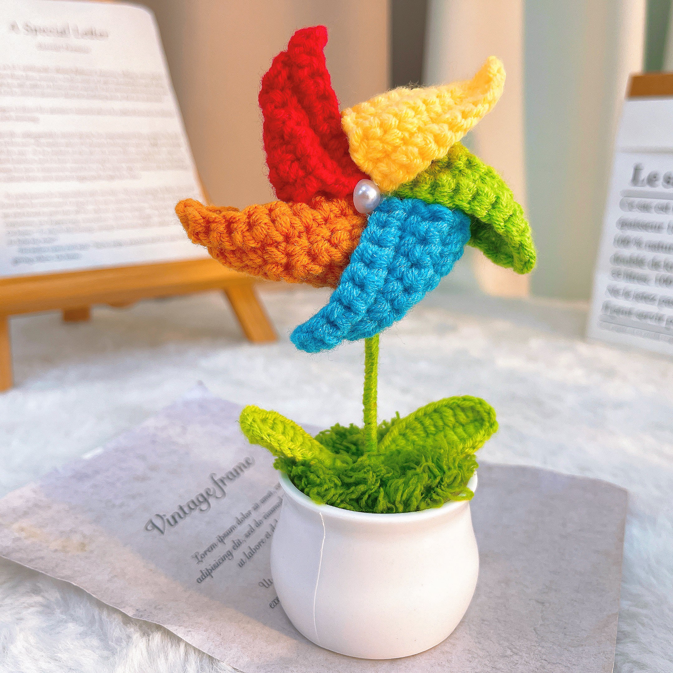Hand Crochet Spinning Windmill Plant - Hypoallergenic White Pot with Colorful Moving Blades, Interactive Desk Decor for Kids, Office, Allergy-Free Gift for Birthday, Easter, Spring Decoration