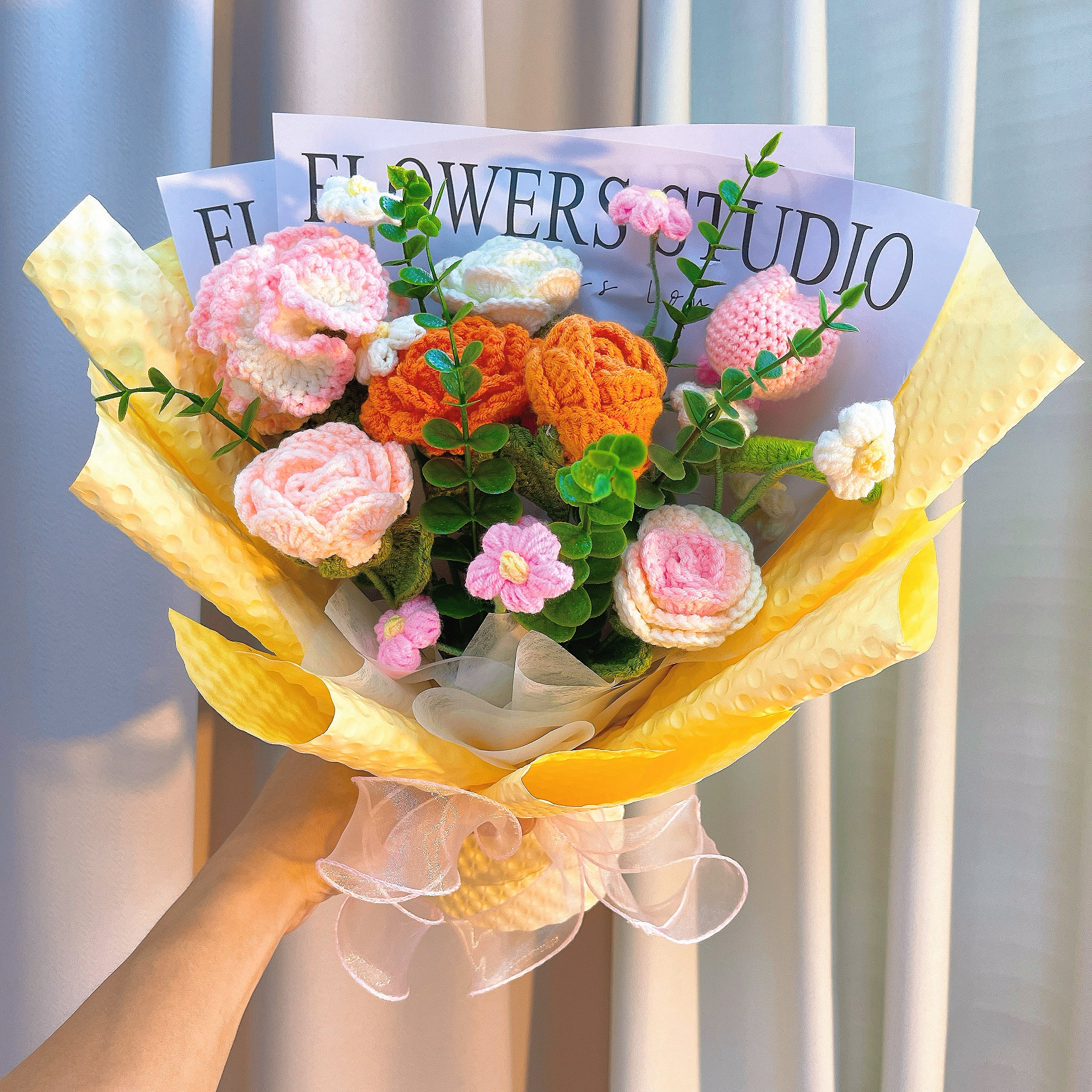 A Symphony of Nature: Handmade Crocheted Bouquet - Roses, Tulips, Daisies & Carnations