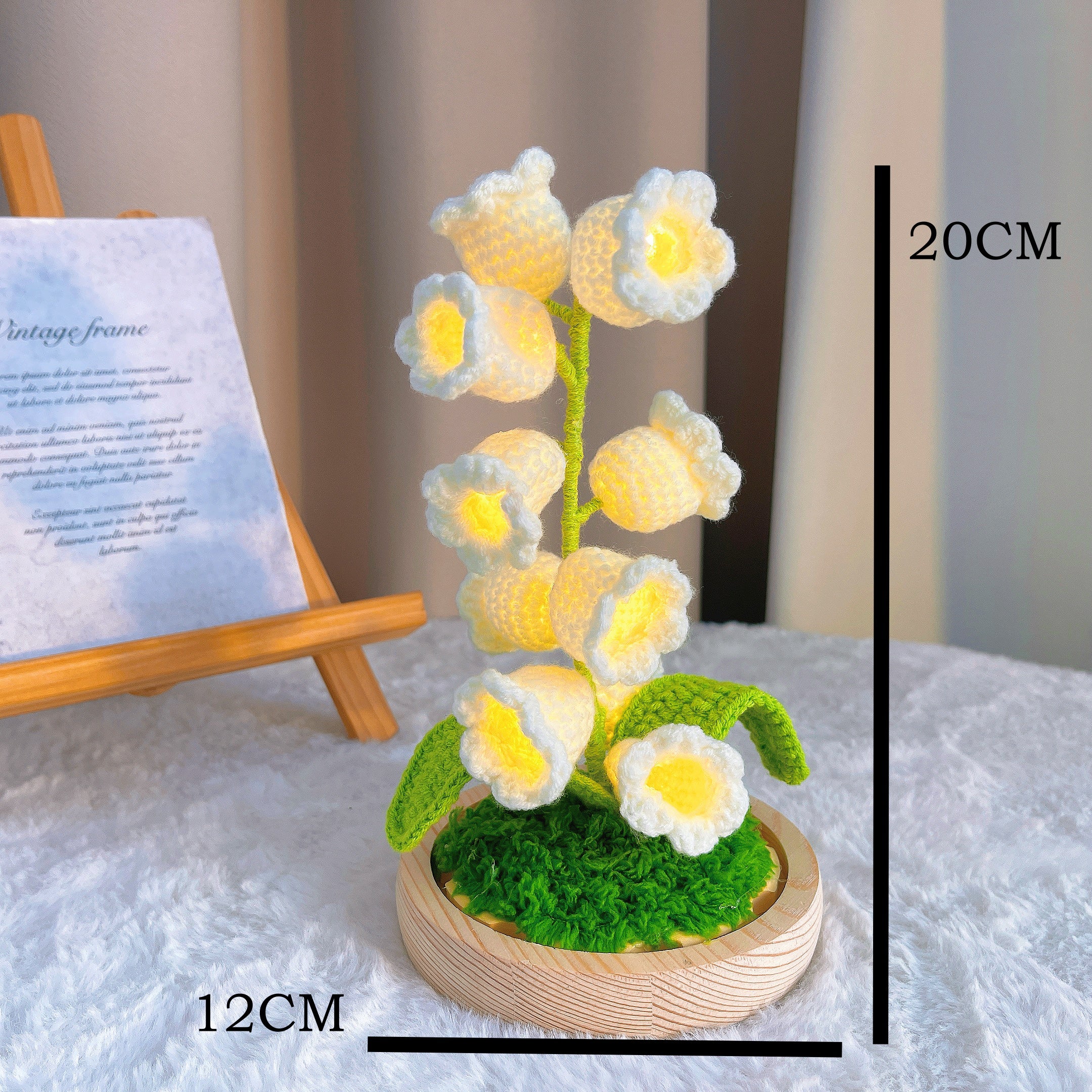 Handmade Crochet Lily of the Valley Lamp - 10-Piece Customizable Floral Light with Wooden Base, Battery-Powered, Optional Glass Dome, Hypoallergenic Desk/Bedroom Decor