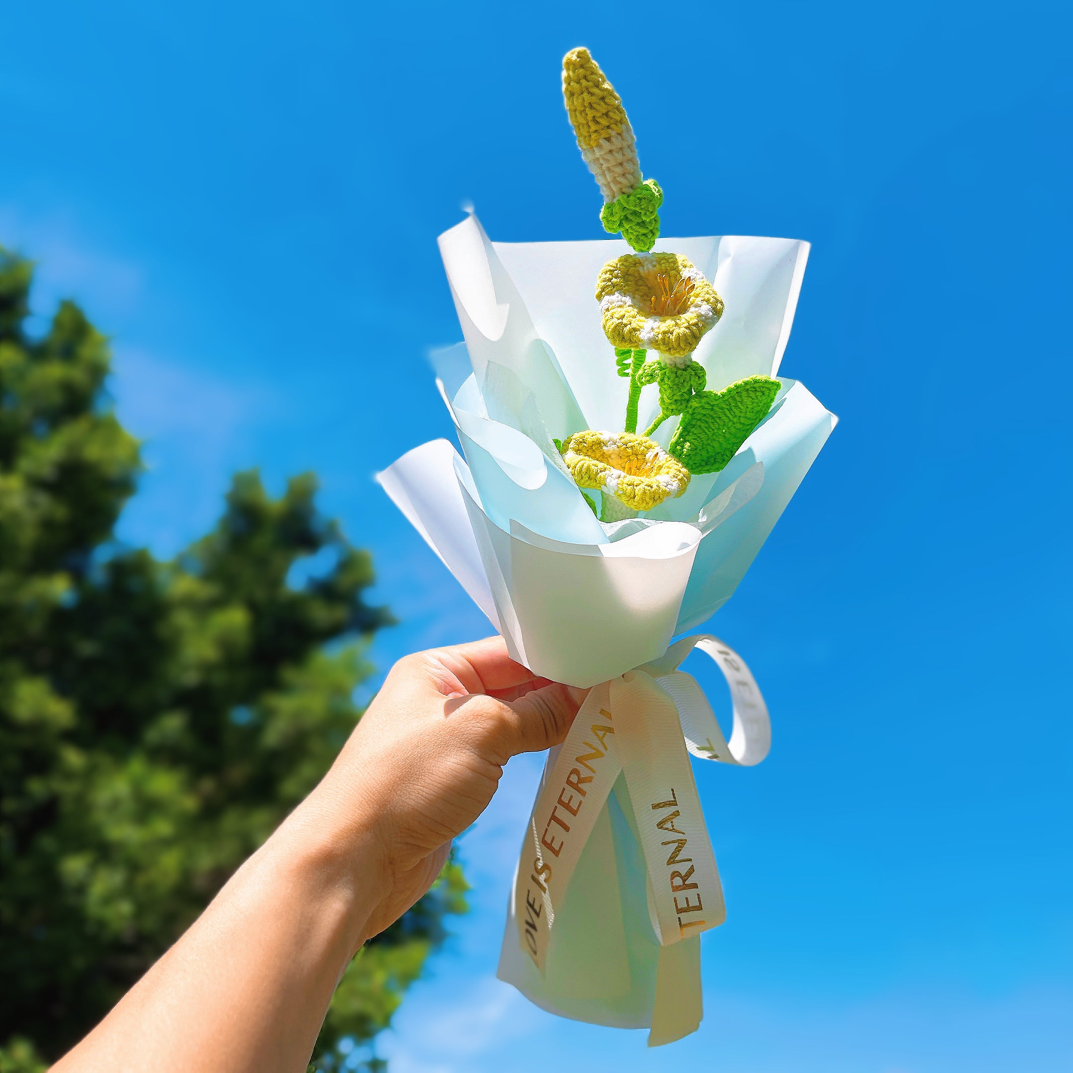 September Birth Month Morning Glory Birthday Bouquet - Handcrafted Hooked Single Stem Crochet - Ideal for Garden Lovers or 9th Month Celebrations