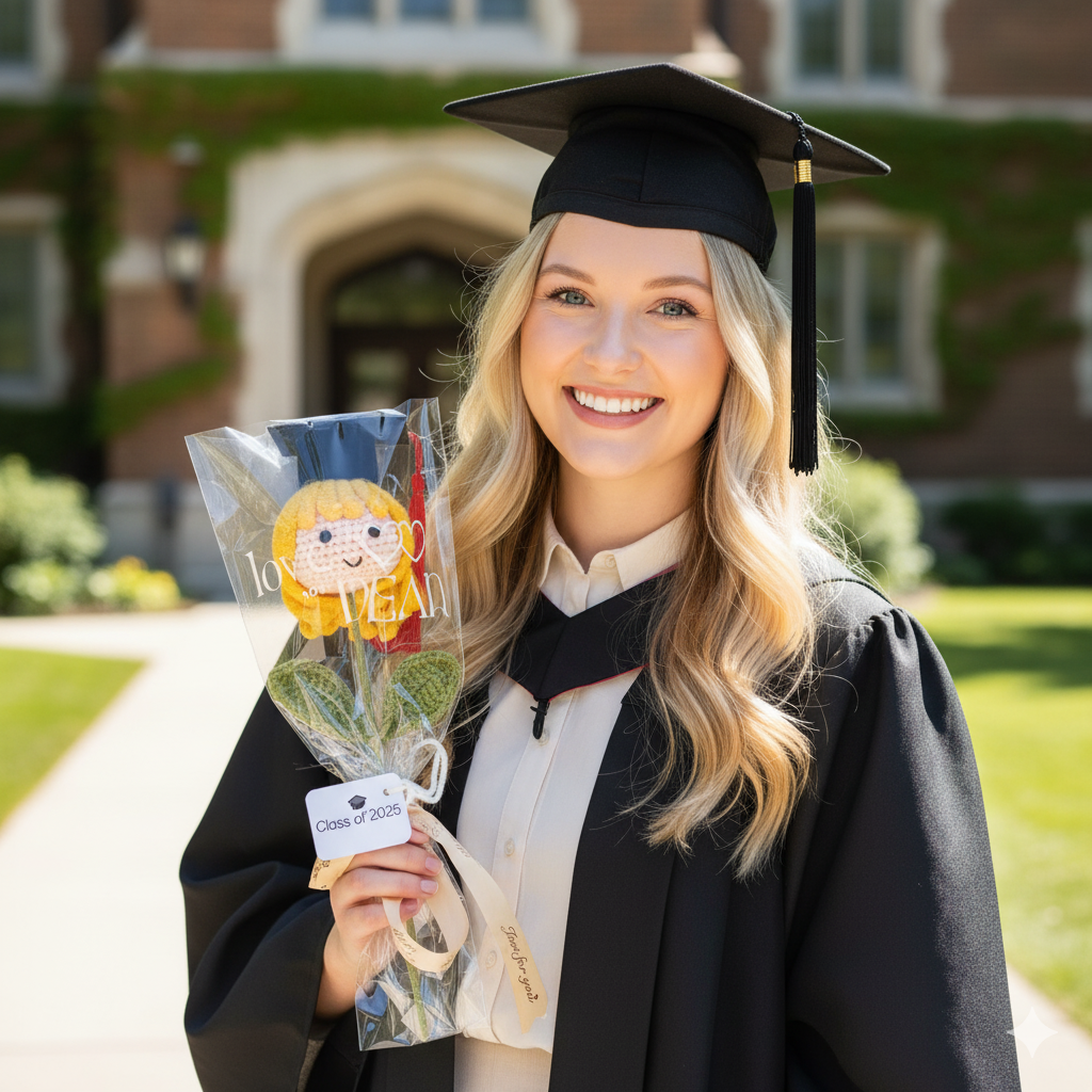 Customizable Crochet Graduation Doll Flower Mini Bouquet - Pride Graduate Customizable Text with 3 Hair Colors, Customizable "Class of 2025" Card, Clear Wrap & Ribbon - Hypoallergenic Gift for Graduation, Teacher Appreciation & School Events