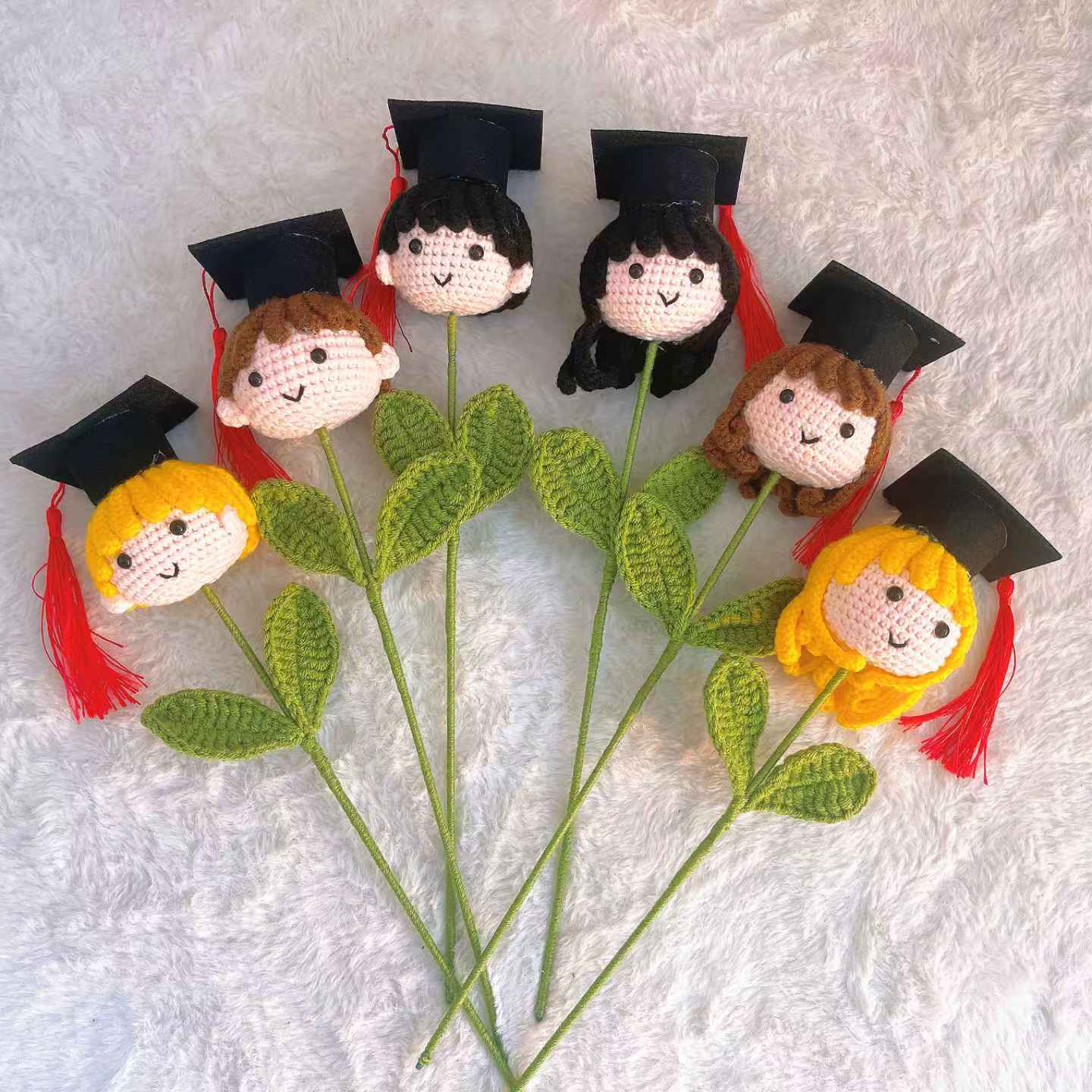Customizable Crochet Graduation Doll Flower Mini Bouquet - Pride Graduate Customizable Text with 3 Hair Colors, Customizable "Class of 2025" Card, Clear Wrap & Ribbon - Hypoallergenic Gift for Graduation, Teacher Appreciation & School Events