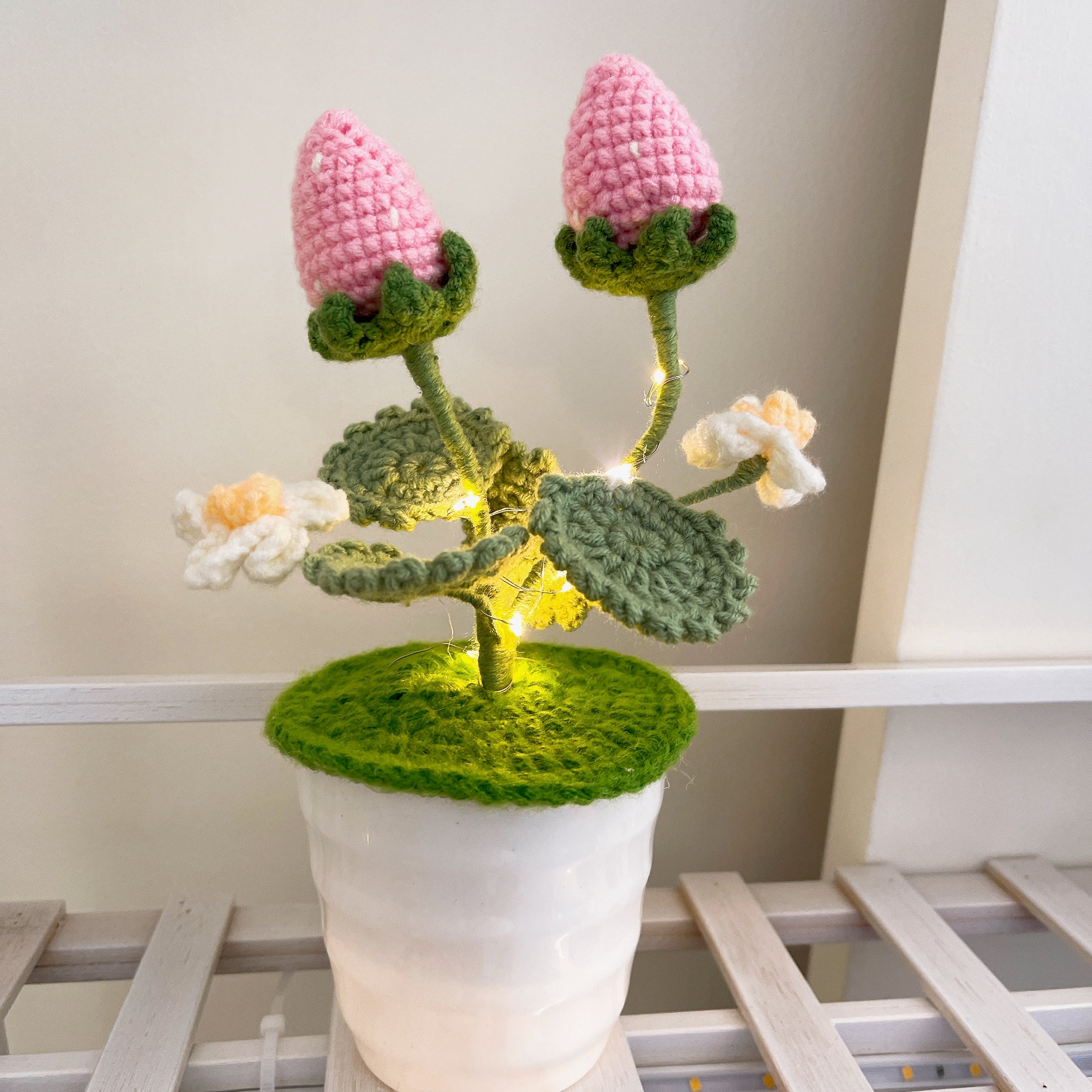 Handmade Strawberry Crochet Pot Plant - Cute Home Decor - Perfect Gift for Plant Lovers - Realistic Faux Plant w/ Soft Glow - Handcrafted