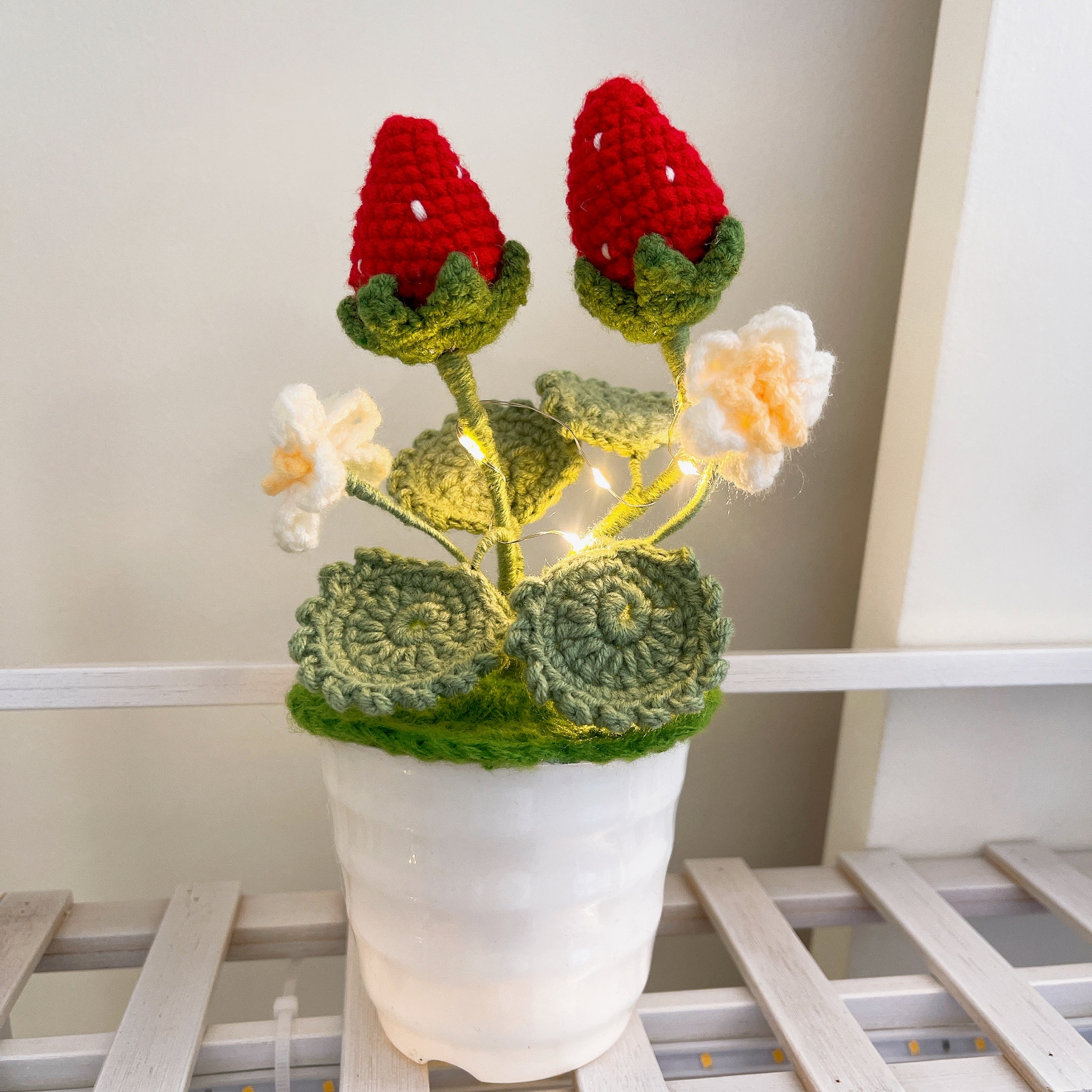 Handmade Strawberry Crochet Pot Plant - Cute Home Decor - Perfect Gift for Plant Lovers - Realistic Faux Plant w/ Soft Glow - Handcrafted
