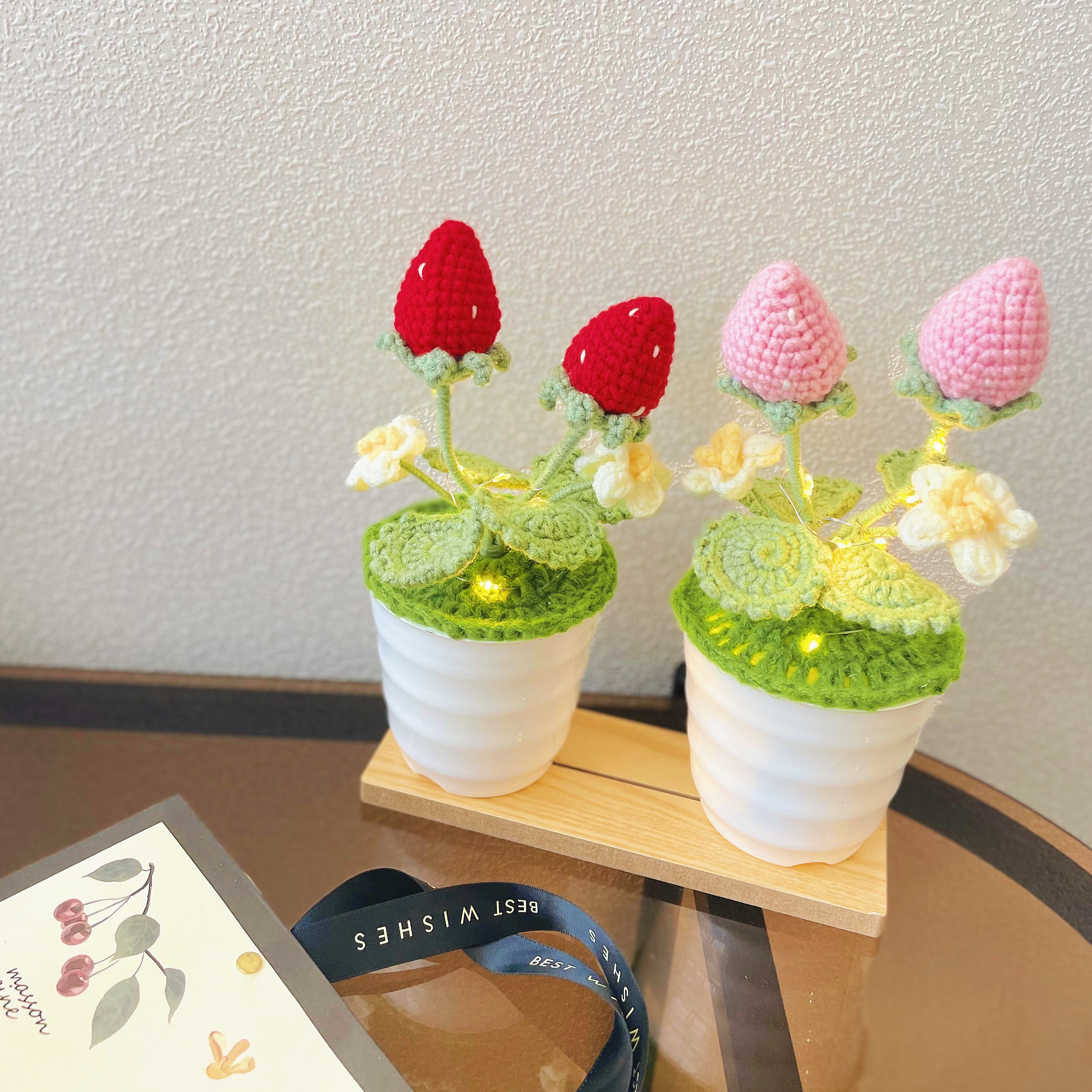 Handmade Strawberry Crochet Pot Plant - Cute Home Decor - Perfect Gift for Plant Lovers - Realistic Faux Plant w/ Soft Glow - Handcrafted