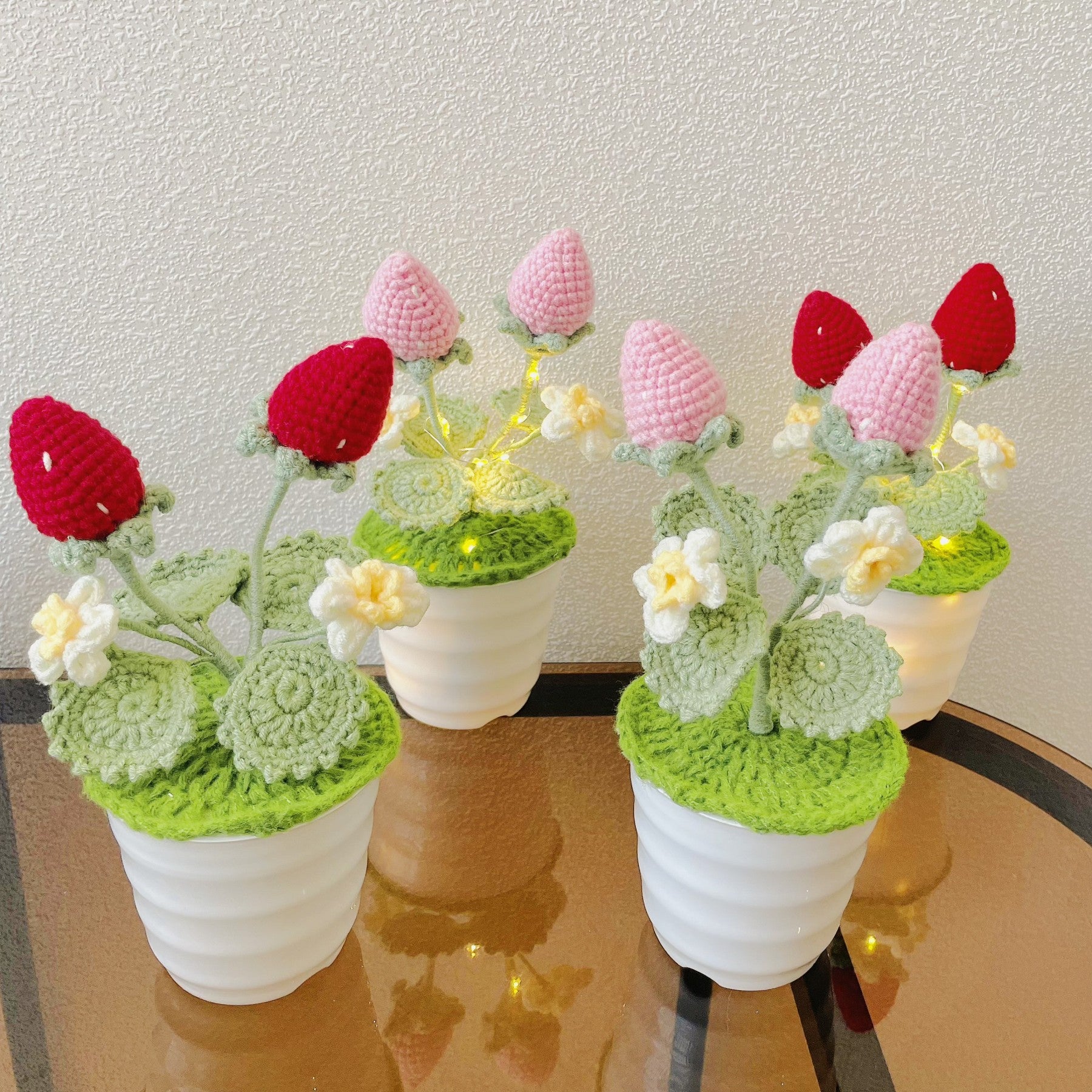 Handmade Strawberry Crochet Pot Plant - Cute Home Decor - Perfect Gift for Plant Lovers - Realistic Faux Plant w/ Soft Glow - Handcrafted