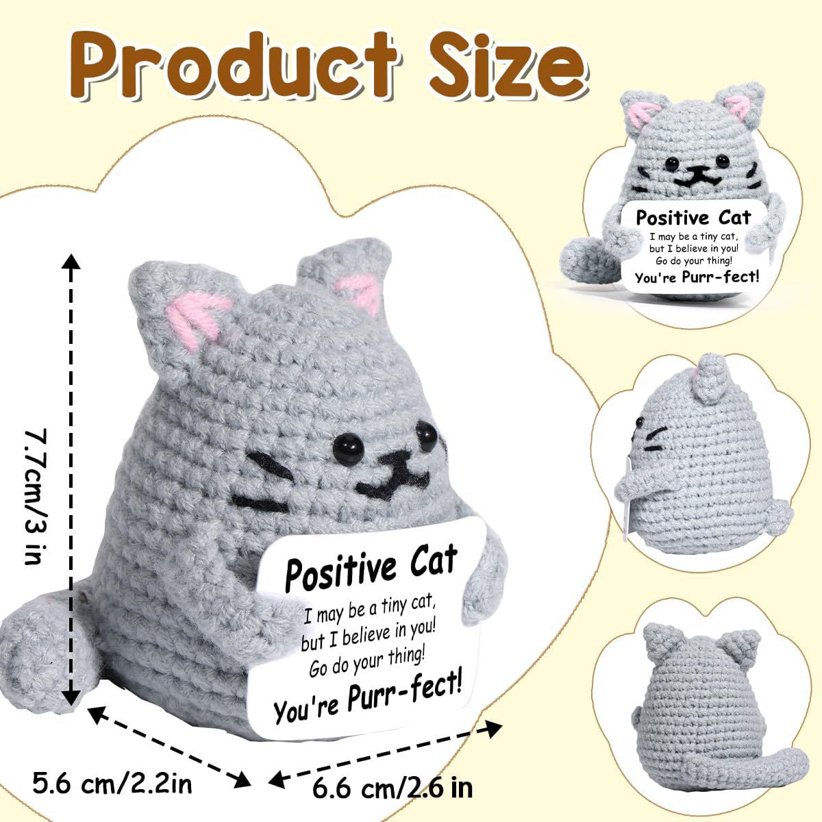 Handmade Crochet Cat Figurine - Grey Cute Cat with Customizable Positive Message Card Perfect Gift for Cat Lovers, Birthdays, Encouragement, and Home Decor