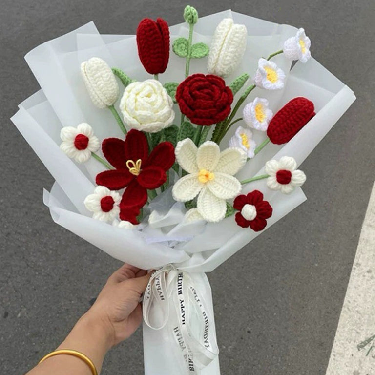 Crimson Harmony: Handmade Crocheted Floral Bouquet - Vibrant Reds & White - Roses, Tulips, Lilies, Daisies, Eucalyptus Dance