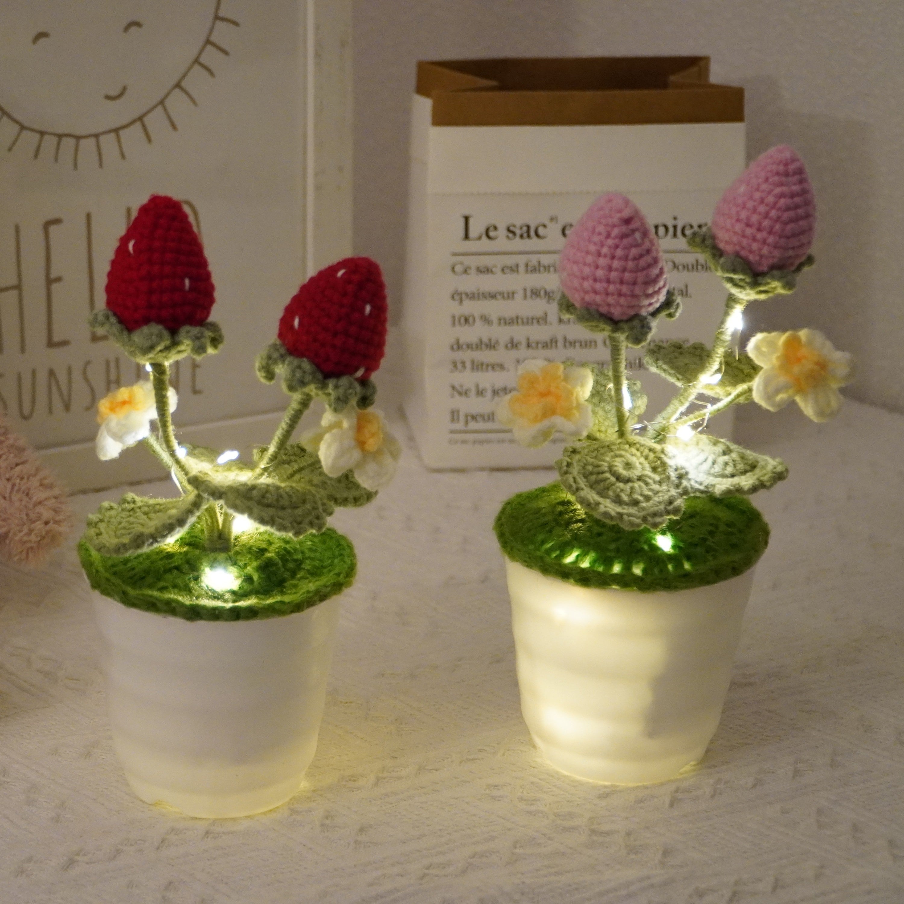 Handmade Strawberry Crochet Pot Plant - Cute Home Decor - Perfect Gift for Plant Lovers - Realistic Faux Plant w/ Soft Glow - Handcrafted