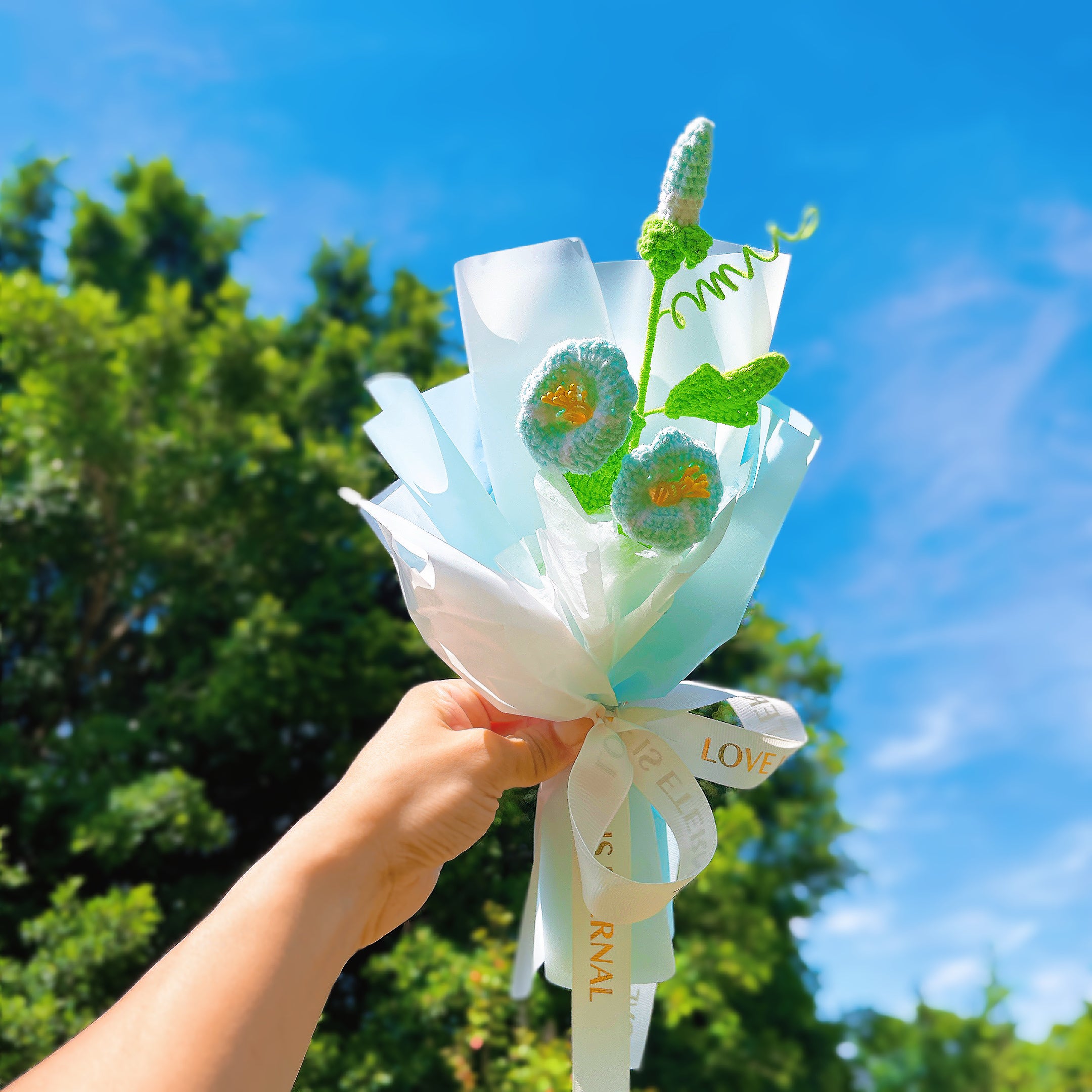 September Birth Month Morning Glory Birthday Bouquet - Handcrafted Hooked Single Stem Crochet - Ideal for Garden Lovers or 9th Month Celebrations