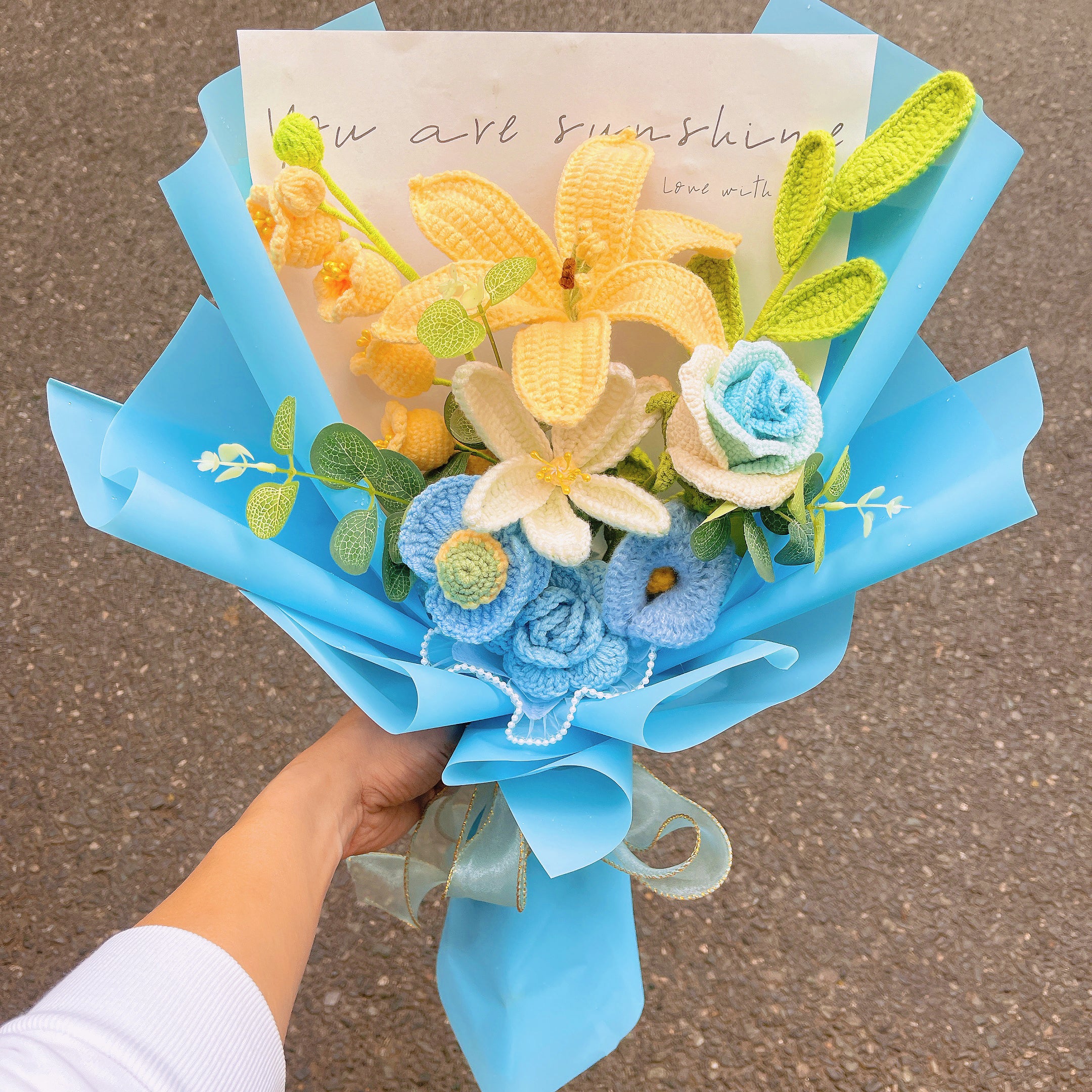 Crafted Handmade Blue & Yellow Bouquet with Large Lilies, Bells of Ireland, Green Foliage, Blooming Tulips, Wine Cup Roses, Poppies, and Calla Lilies - Perfect for Gifts & Special Occasions
