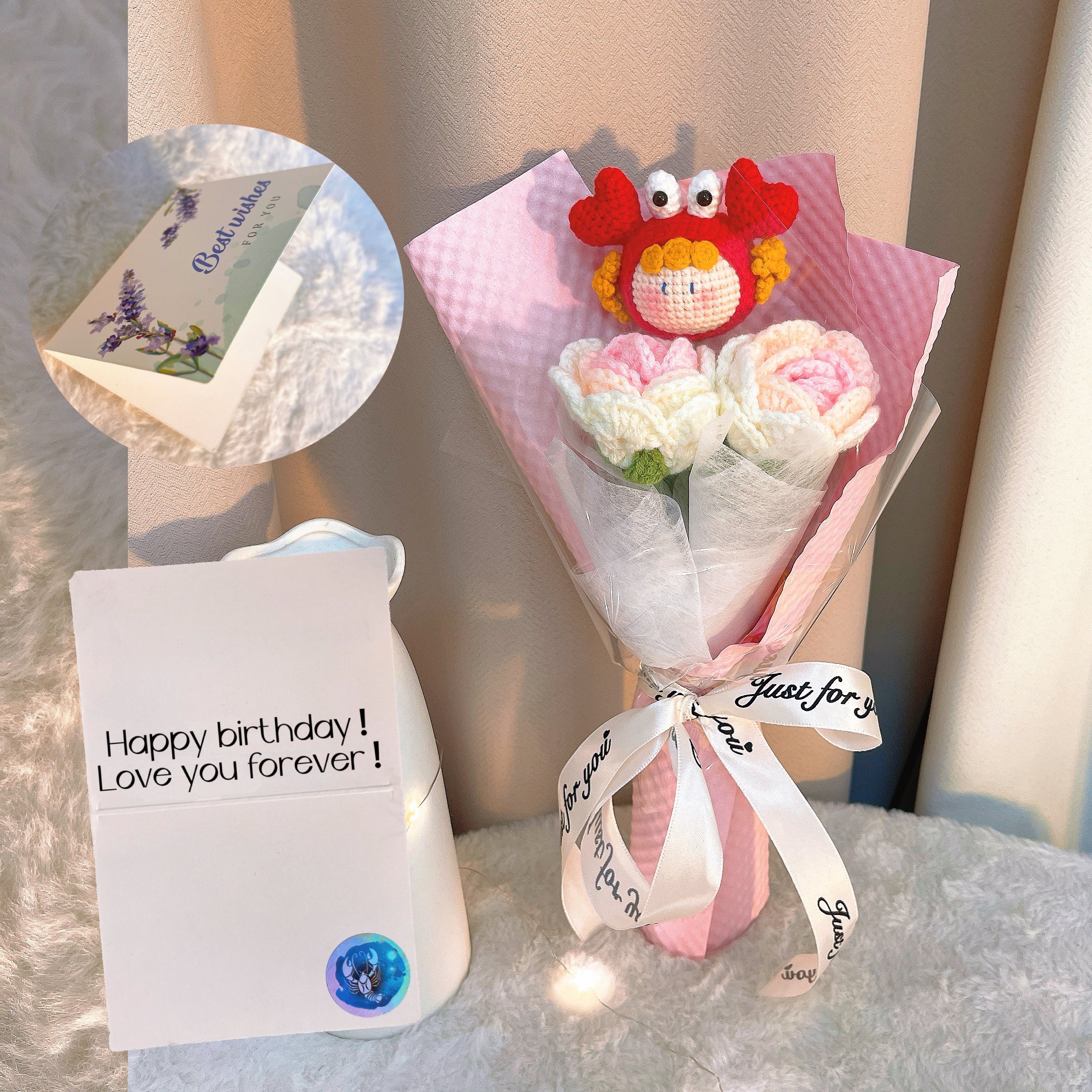 Crochet Cancer Zodiac Bouquet - Handmade Pink Roses & Plush Crab Doll - Hypoallergenic Floral Gift for Birthdays, Mother's Day - Allergy-Free Fabric Flowers