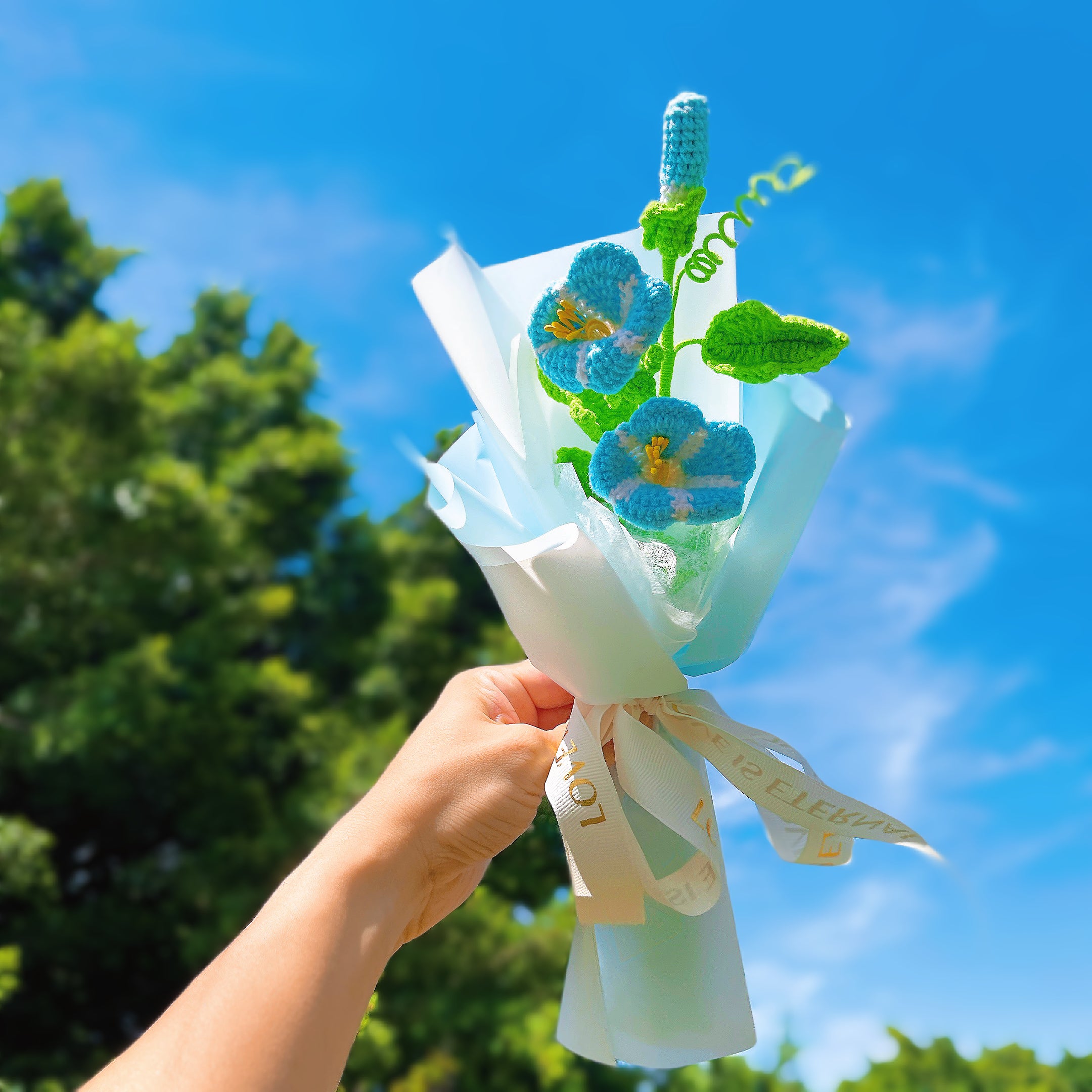 September Birth Month Morning Glory Birthday Bouquet - Handcrafted Hooked Single Stem Crochet - Ideal for Garden Lovers or 9th Month Celebrations