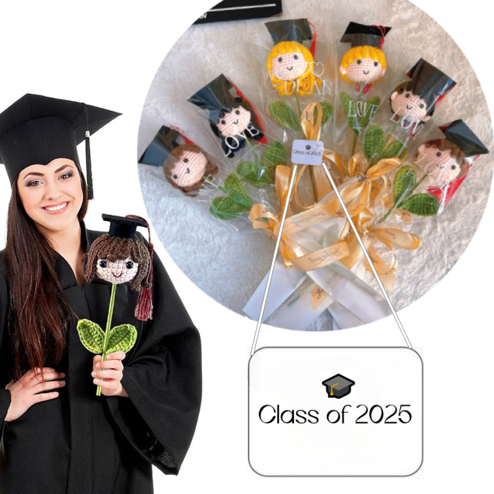Customizable Crochet Graduation Doll Flower Mini Bouquet - Pride Graduate Customizable Text with 3 Hair Colors, Customizable "Class of 2025" Card, Clear Wrap & Ribbon - Hypoallergenic Gift for Graduation, Teacher Appreciation & School Events