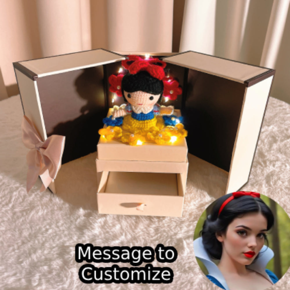 Handmade Creative Customizable LED Gift Box with Crochet Princess - Forget-Me-Not Personalized Doll Birthday, Wedding, Anniversary, Valentine’s Gift