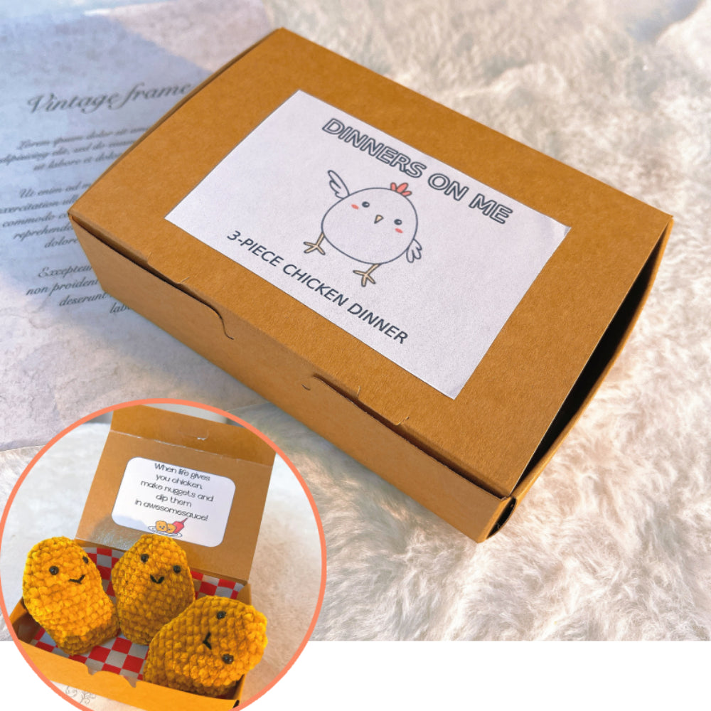 Handmade Positive Chicken Trio-Nugget Set - 3 Piece Crochet Plush Chicken Nuggets in Takeout Box with Customizable Card - Unique Gag Gift for Birthdays, Holidays, and Cheer-Up Moments