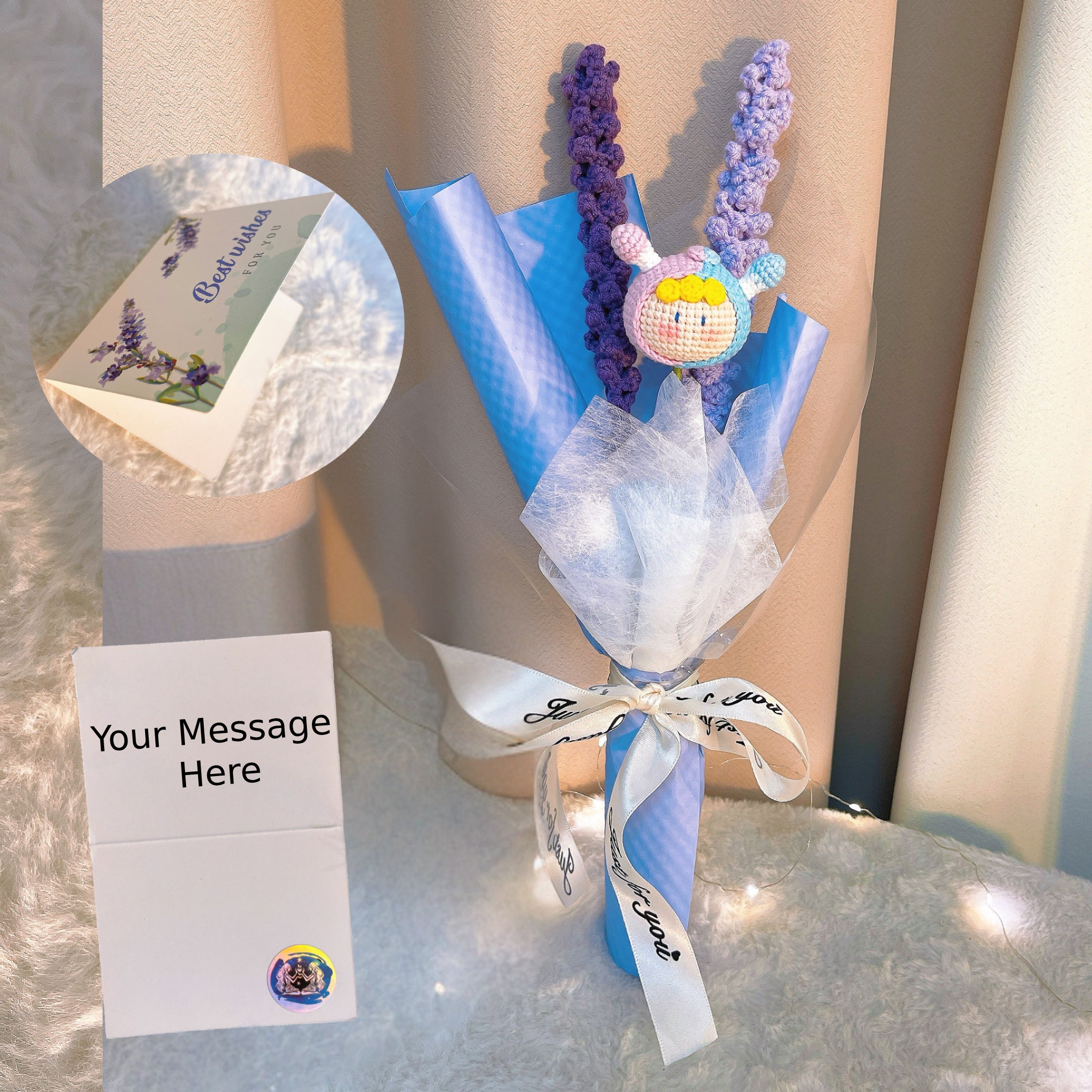 Crochet Gemini Zodiac Bouquet - Handmade Lavender Flowers with Twin Dolls - Hypoallergenic Floral Gift for Birthdays, Weddings