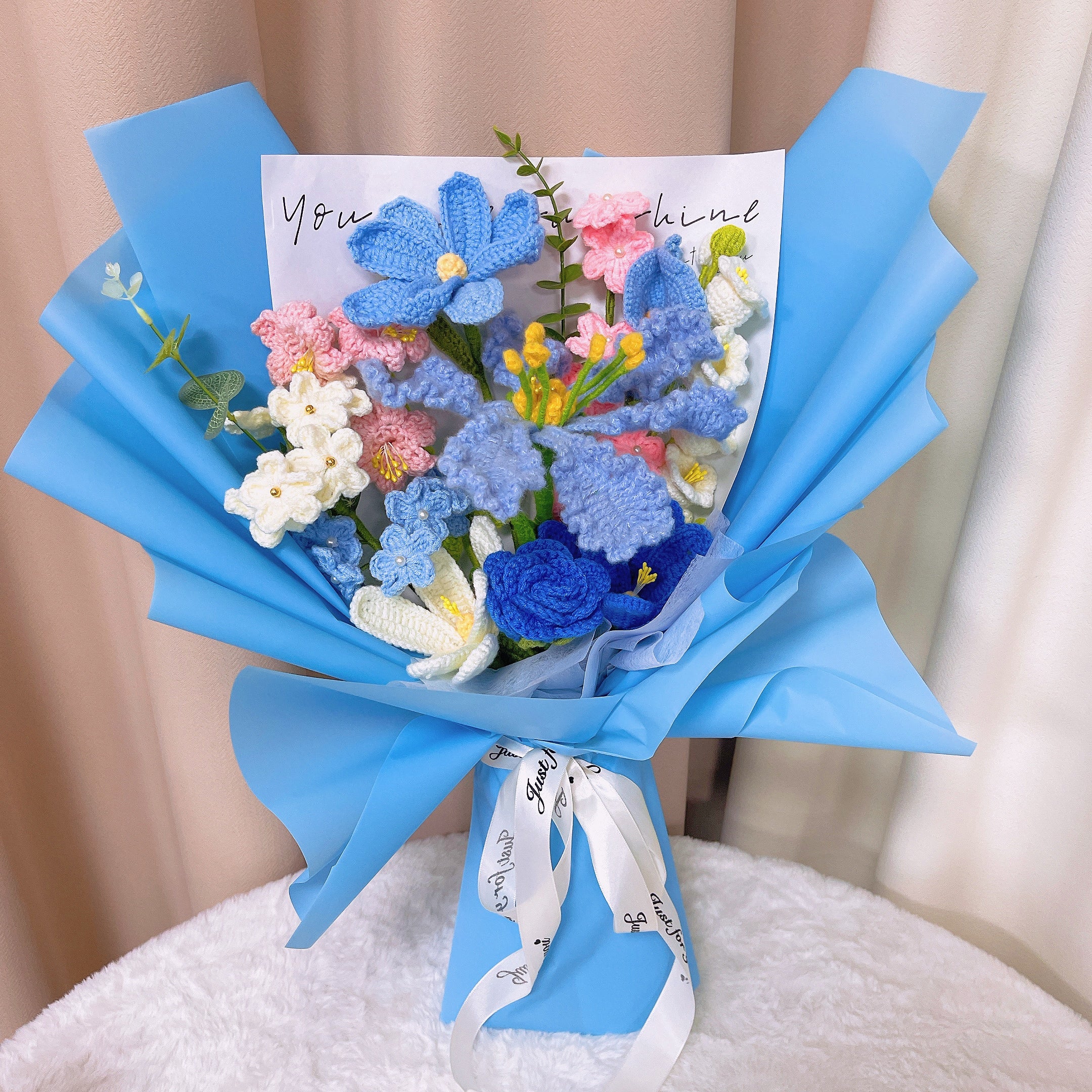 Harmony's Tapestry: Handcrafted Crocheted Bouquet - Roses, Tulips, Alstroemeria, Forget-Me-Nots, Lilies of the Valley, Chinese Pagoda Tree, Cosmos & Calla Lilies
