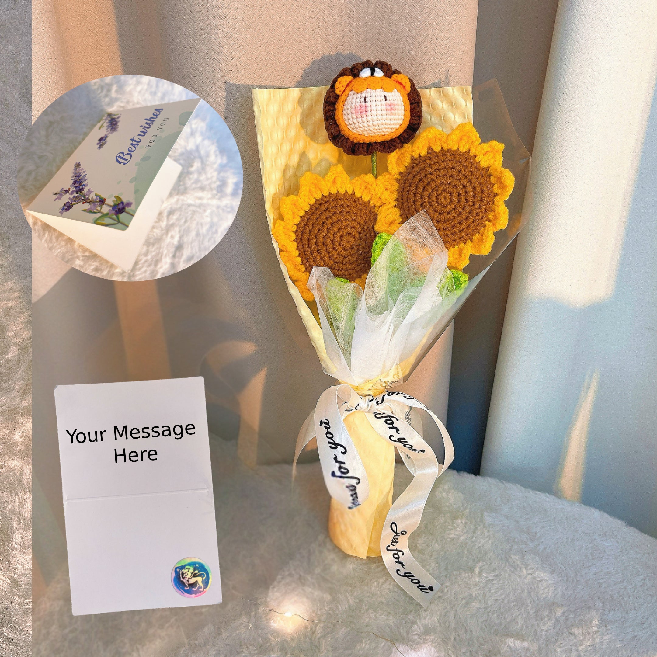 Crochet Leo Zodiac Bouquet - Handmade Sunflowers with Plush Lion Doll - Hypoallergenic Floral Gift for Birthdays, Weddings