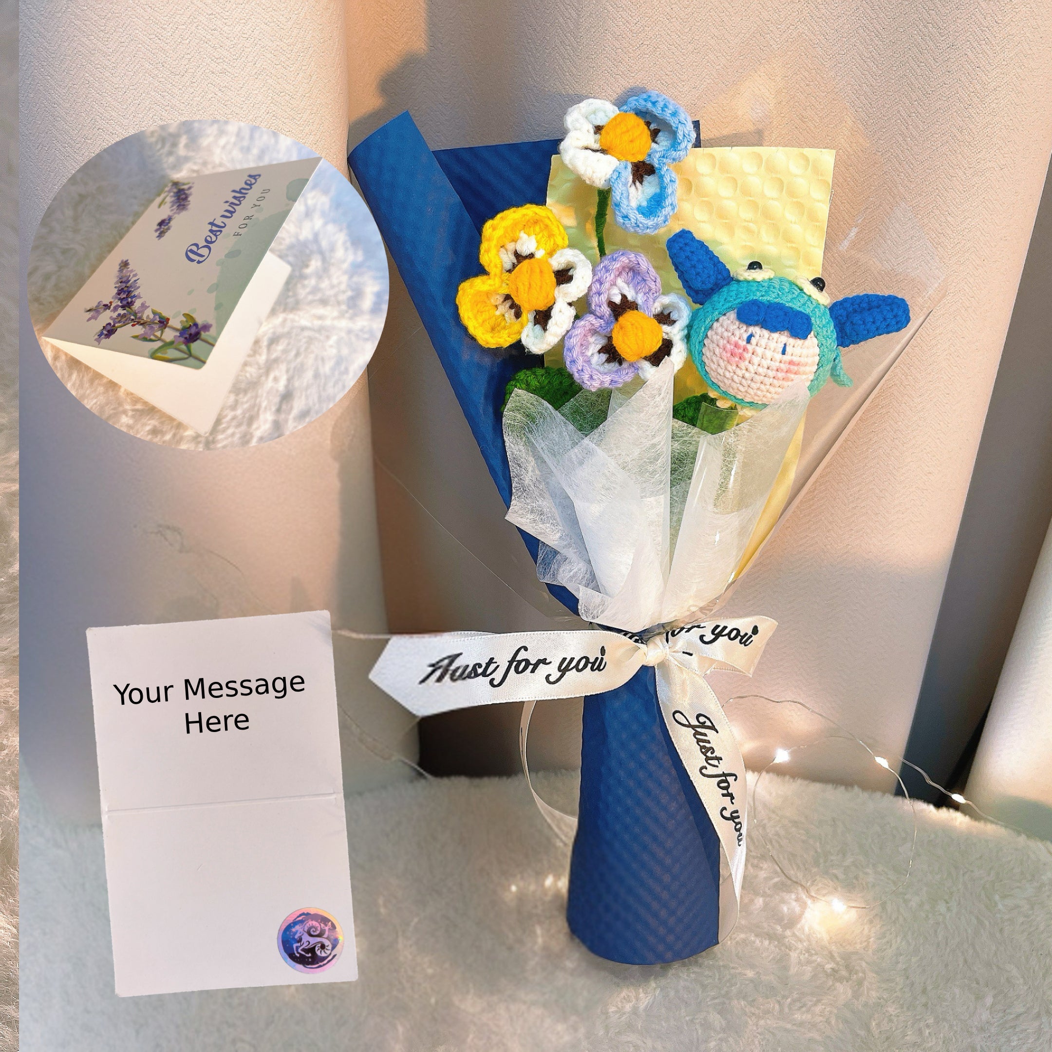 Crochet Capricorn Zodiac Bouquet - Handmade Pansy Flowers & Plush Goat Doll - Hypoallergenic Floral Gift for Birthdays, Christmas