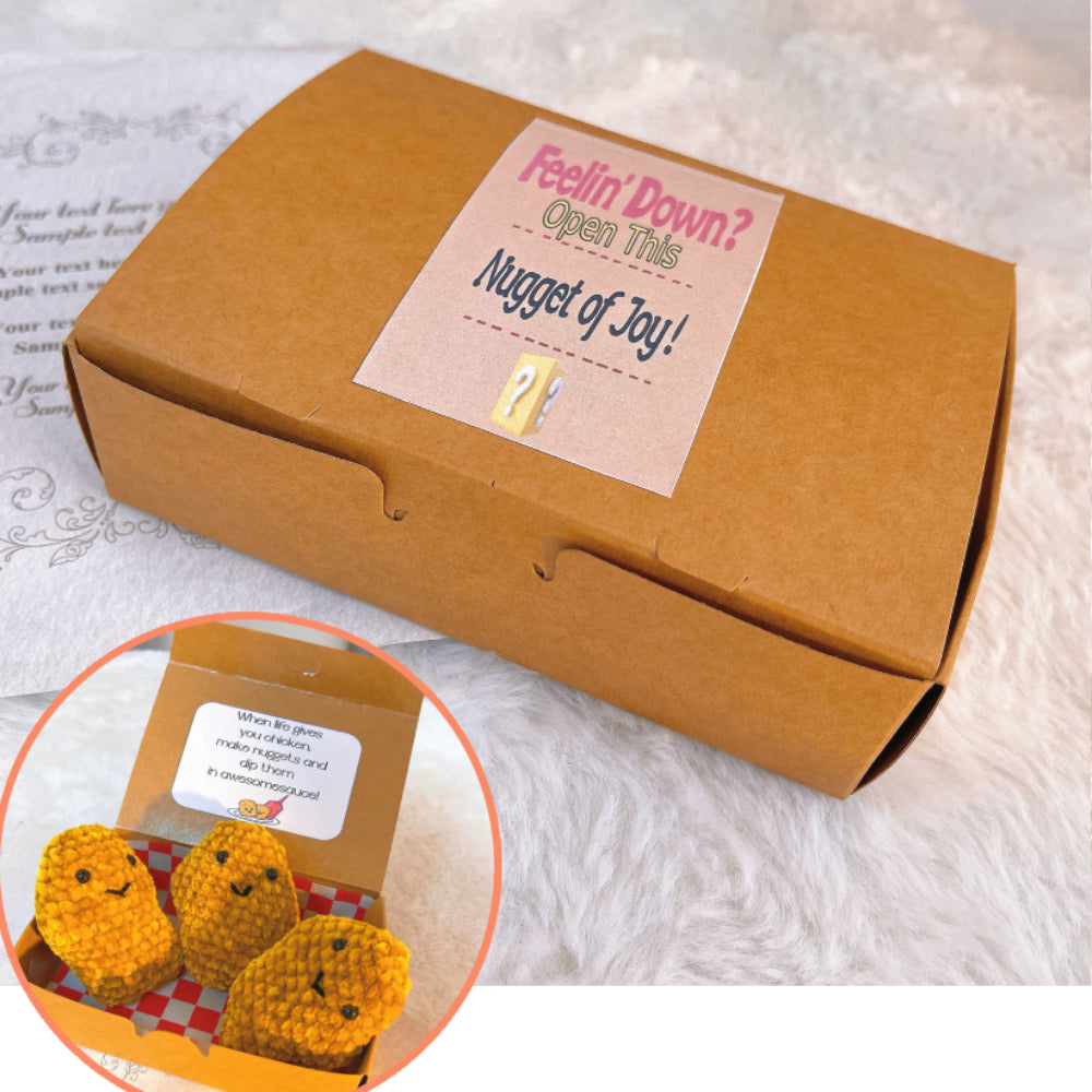 Handmade Positive Chicken Trio-Nugget Set - 3 Piece Crochet Plush Chicken Nuggets in Takeout Box with Customizable Card - Unique Gag Gift for Birthdays, Holidays, and Cheer-Up Moments