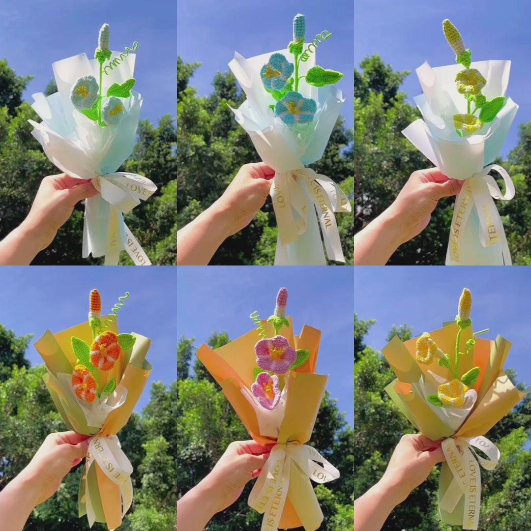 September Birth Month Morning Glory Birthday Bouquet - Handcrafted Hooked Single Stem Crochet - Ideal for Garden Lovers or 9th Month Celebrations
