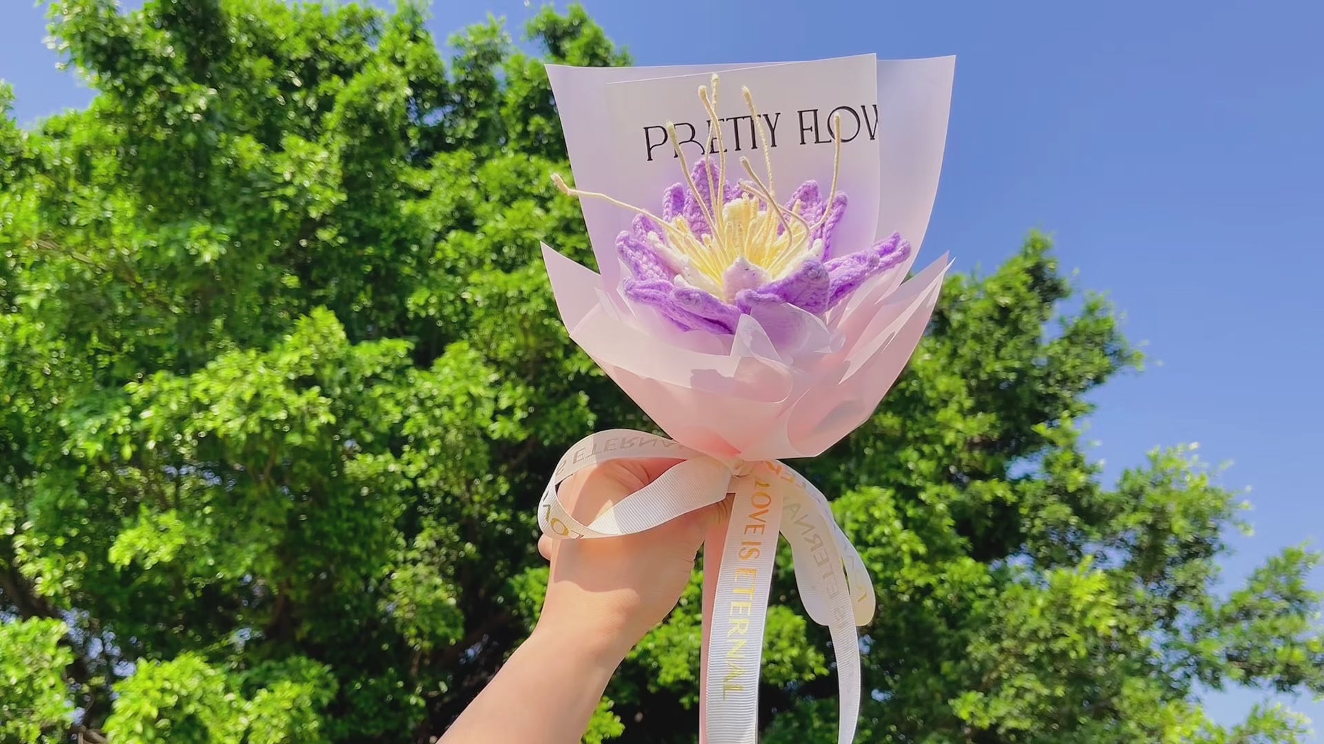 July Birth Month Purple Water Lily Bouquet - Hand-Crocheted Single Stem Birthday Flower Arrangement with Elegant Wrapping