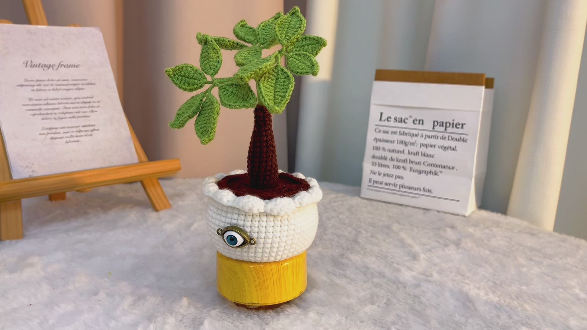 Handmade Crochet Money Tree Good Luck Nazar Eye Potted Plant - Perfect for Office Symbol of Wealth and Prosperity Feng Shui