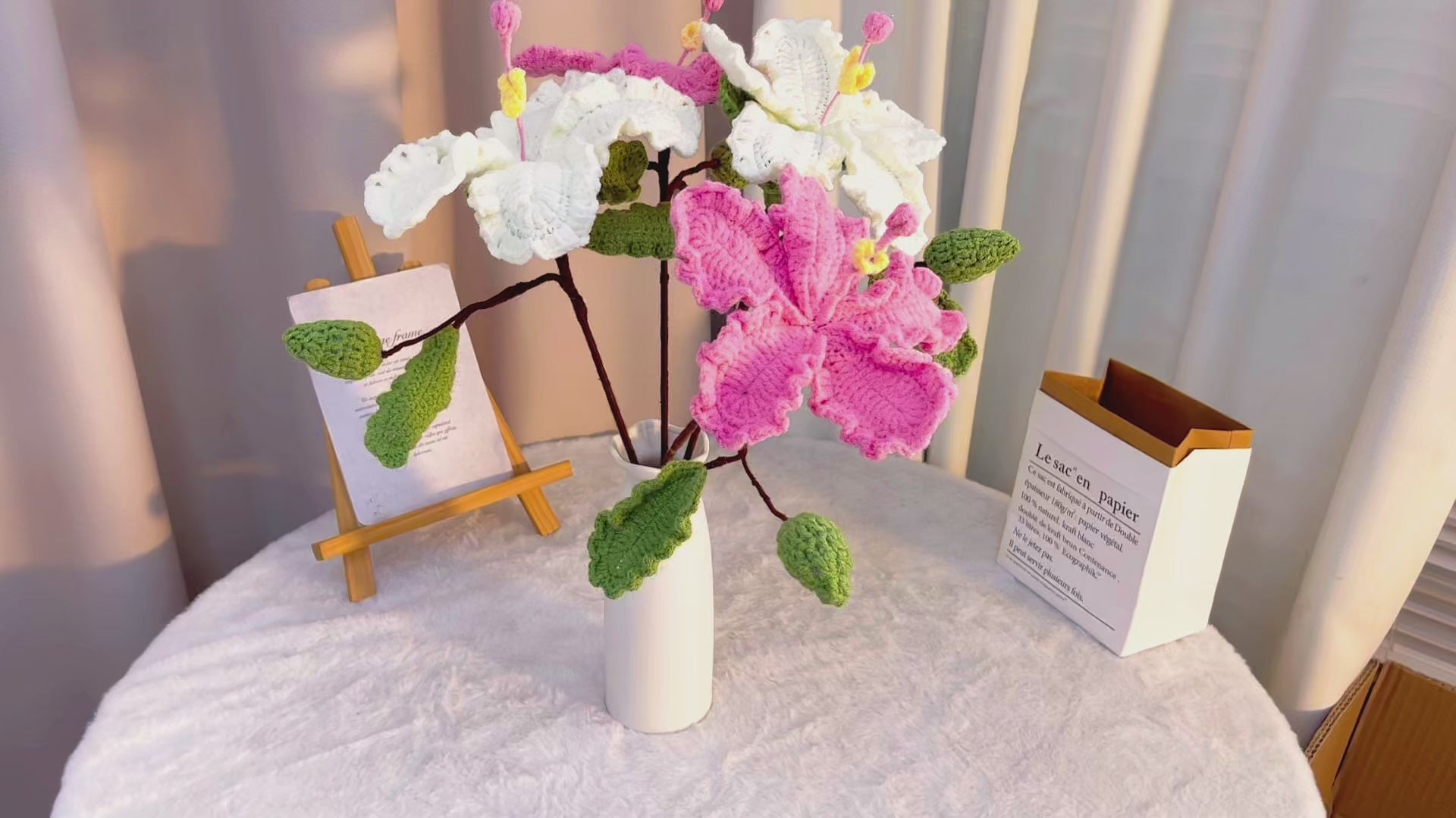 Hand Crochet Hibiscus Flower - Realistic Pink & White Artificial Hibiscus with Leaves & Bud, Hypoallergenic Floral Stems for Bouquets, Wedding Decor, Tropical Theme Party, Home Arrangements