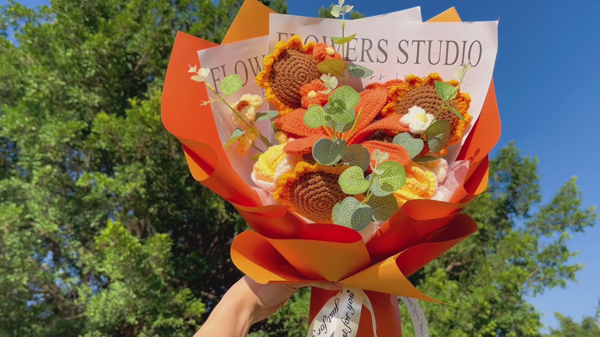 [Shipped from US]Handmade Crochet Yellow & Orange Toned Sunflowers Lily Bouquet - Roses Puffs - Perfect for Sunny Days, Summer Celebrations, & Cheerful Occasions