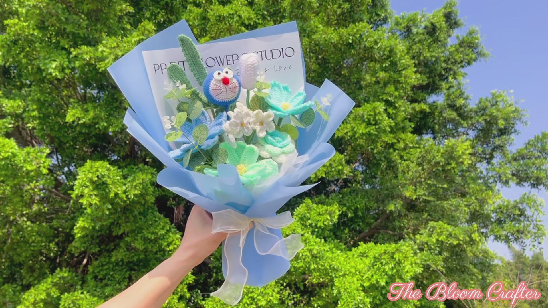 Handmade Crochet Future Cat Bouquet - Cosmos Roses Tulips Forget-Me-Nots - Customized Japanese Anime Allergy-Friendly Gift for Birthdays Anniversaries