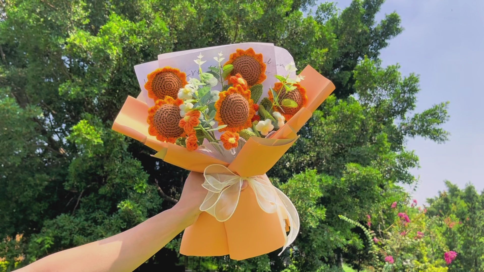 Handmade Crocheted Bouquet of Sunflowers and Puffy Flowers - Thoughtful Gifts Home Centerpiece Decor