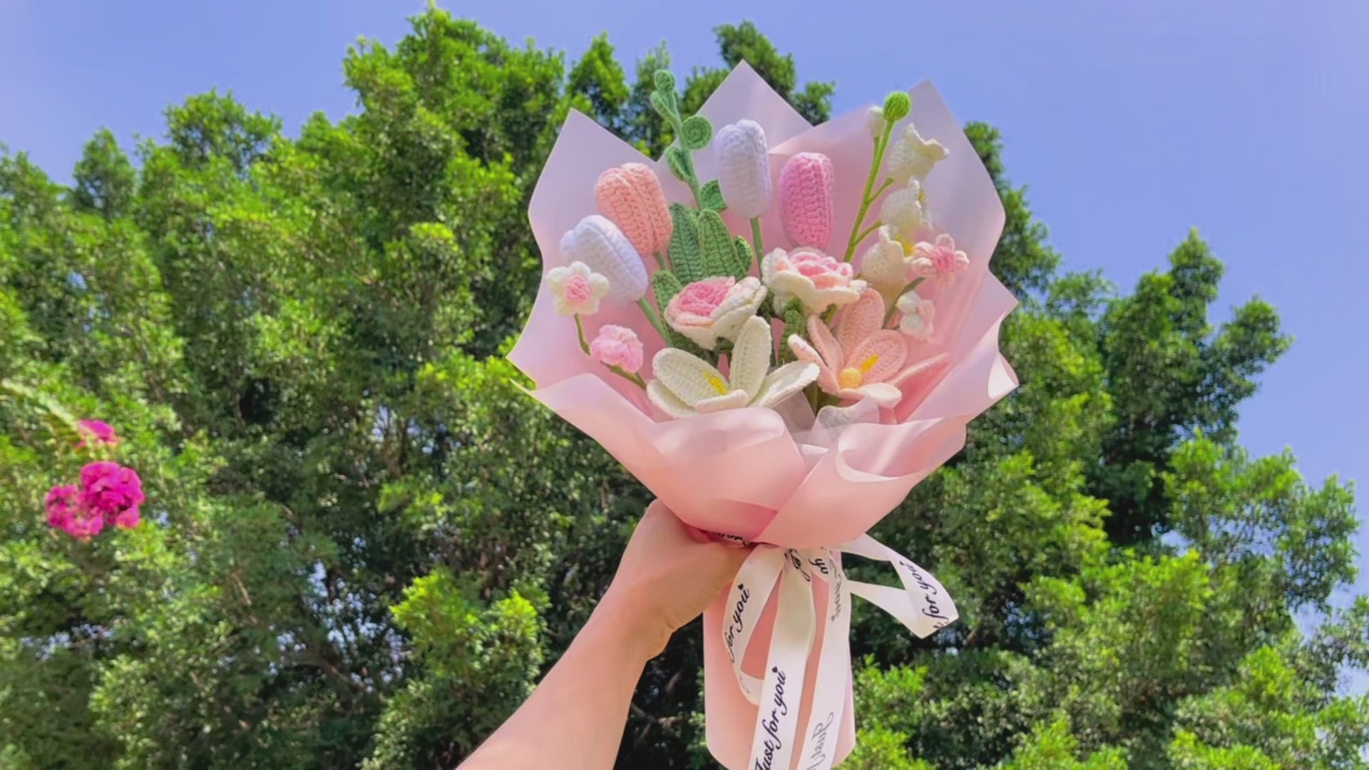 Handmade Crocheted Blushing Elegance Bouquet with Rose, Tulips, Lilies, Eucalyptus & More - Perfect for Any Special Occasion
