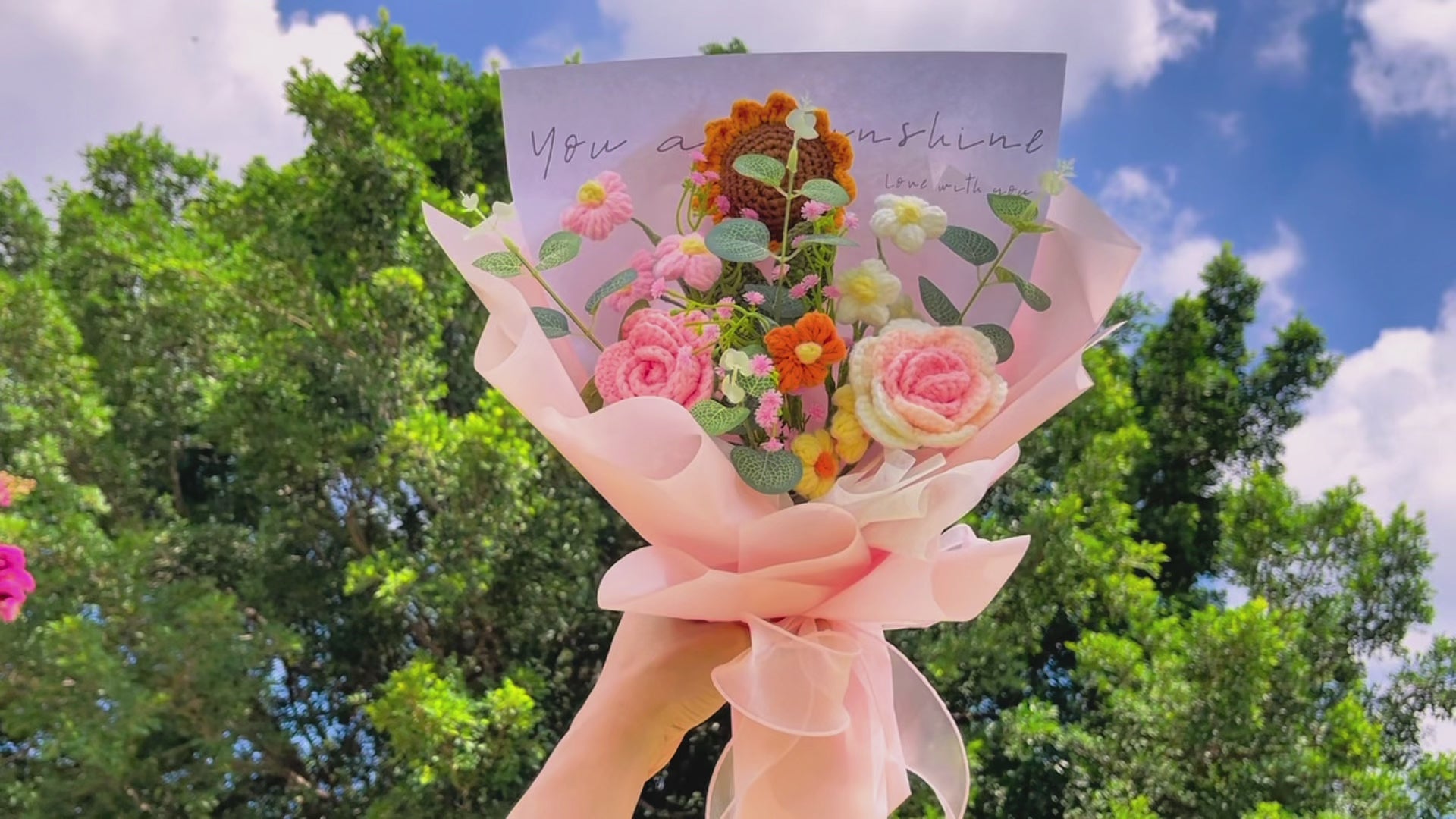 Handcrafted Crochet Radiant Bloom Bouquet - Pink Bouquet of Roses, Sunflowers, and Puffs - Delicate, Romantic, and Perfect for Any Special Occasion