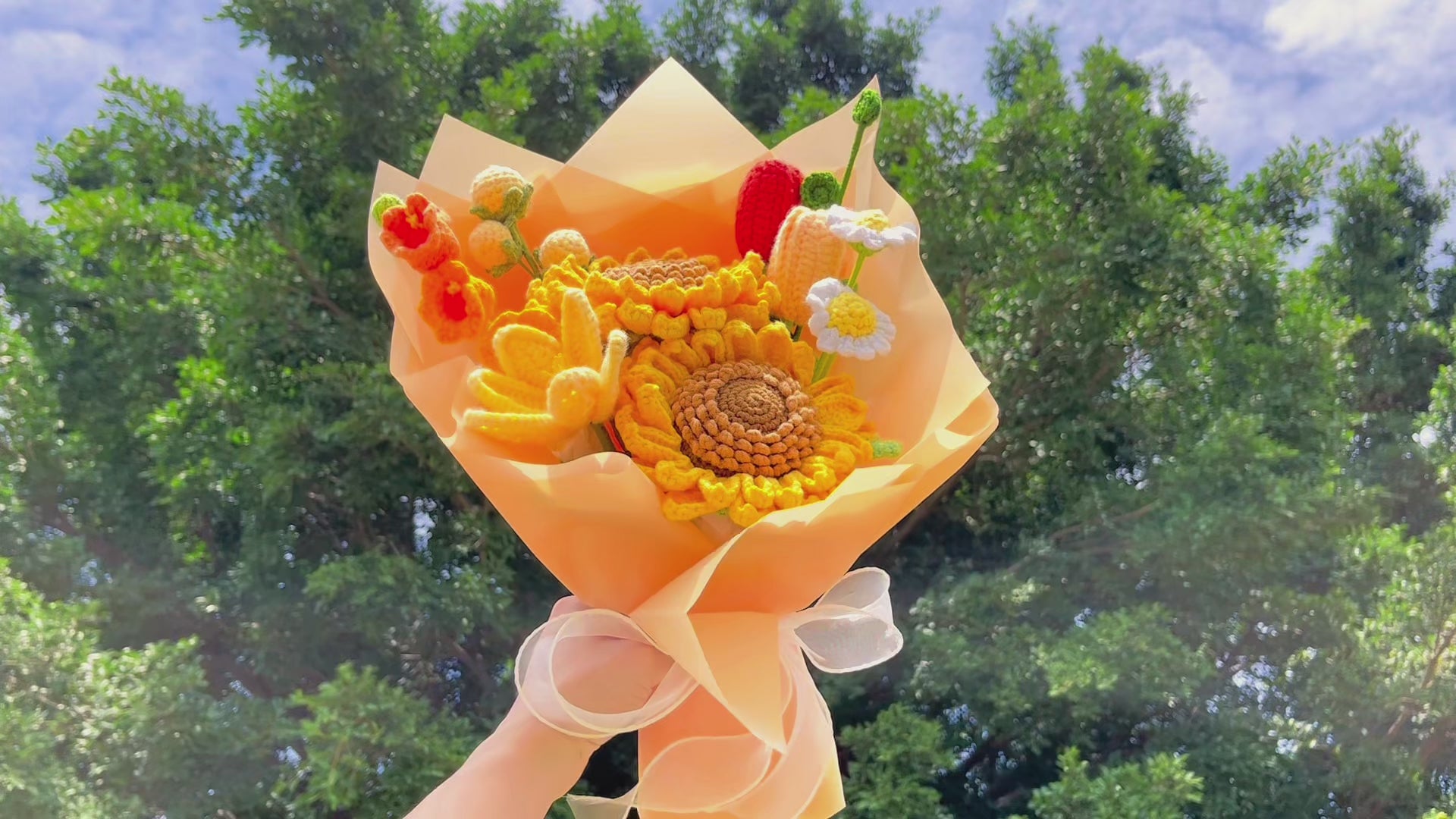 Hanaya Series Handmade Crochet Sunflower Bouquet with Yellow & Orange Tulips - Hypoallergenic Hayfever Everlasting Ready-to-Gift Floral