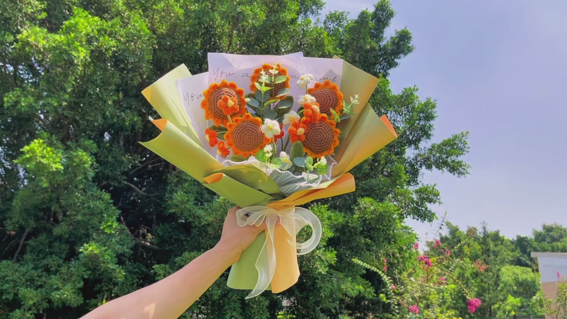 Handmade Crocheted Bouquet of Sunflowers and Puffy Flowers - Thoughtful Gifts Home Centerpiece Decor