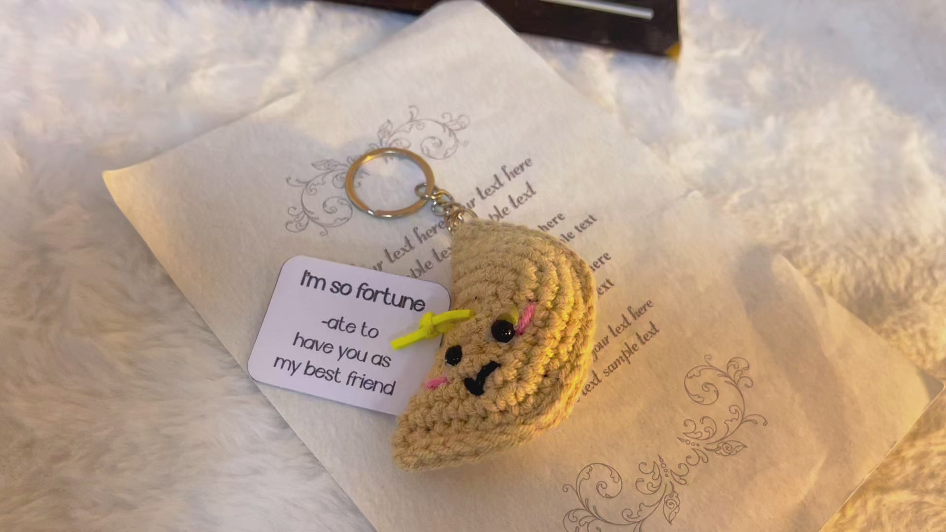 Lucky Fortune Cookie Keychain with Customizable Card - Handmade Crochet Uplifting Emotional Supportive Gift for Best Friend, Birthday, Coworker, Christmas Stuffers, and Special Occasions