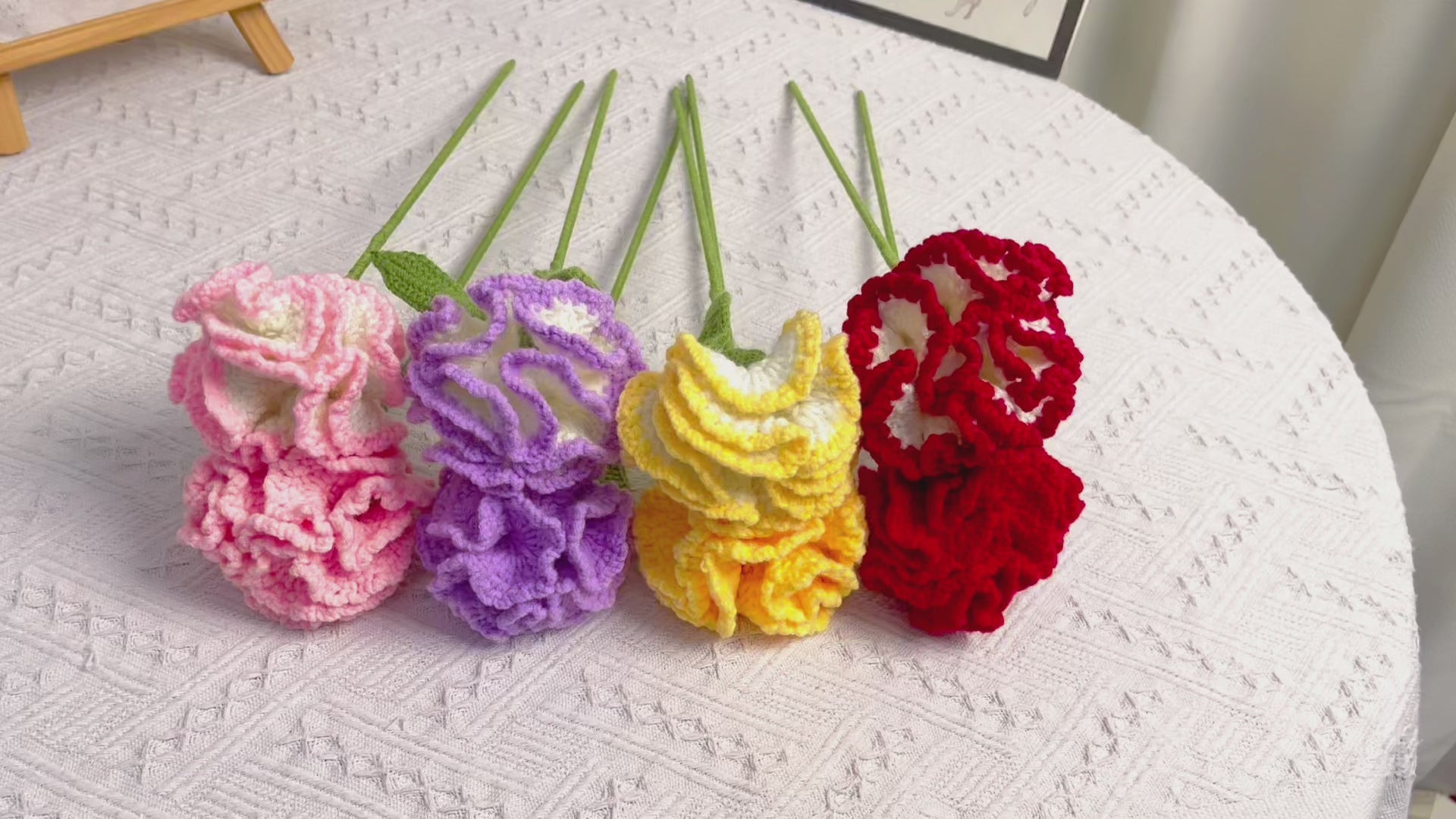 January Birth Month Carnation Bouquet - Birthday Flower Celebration Hand-Crocheted Single Stem Bouquet