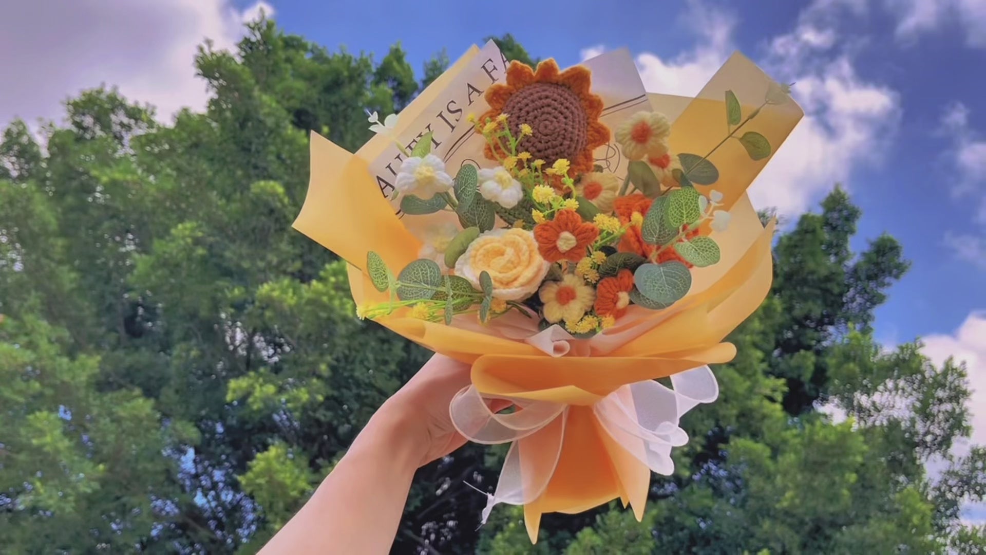 Handmade Crocheted Sunny Delight Bouquet of Roses, Sunflowers, and Puffs - Gorgeous Golden and Orange Hues