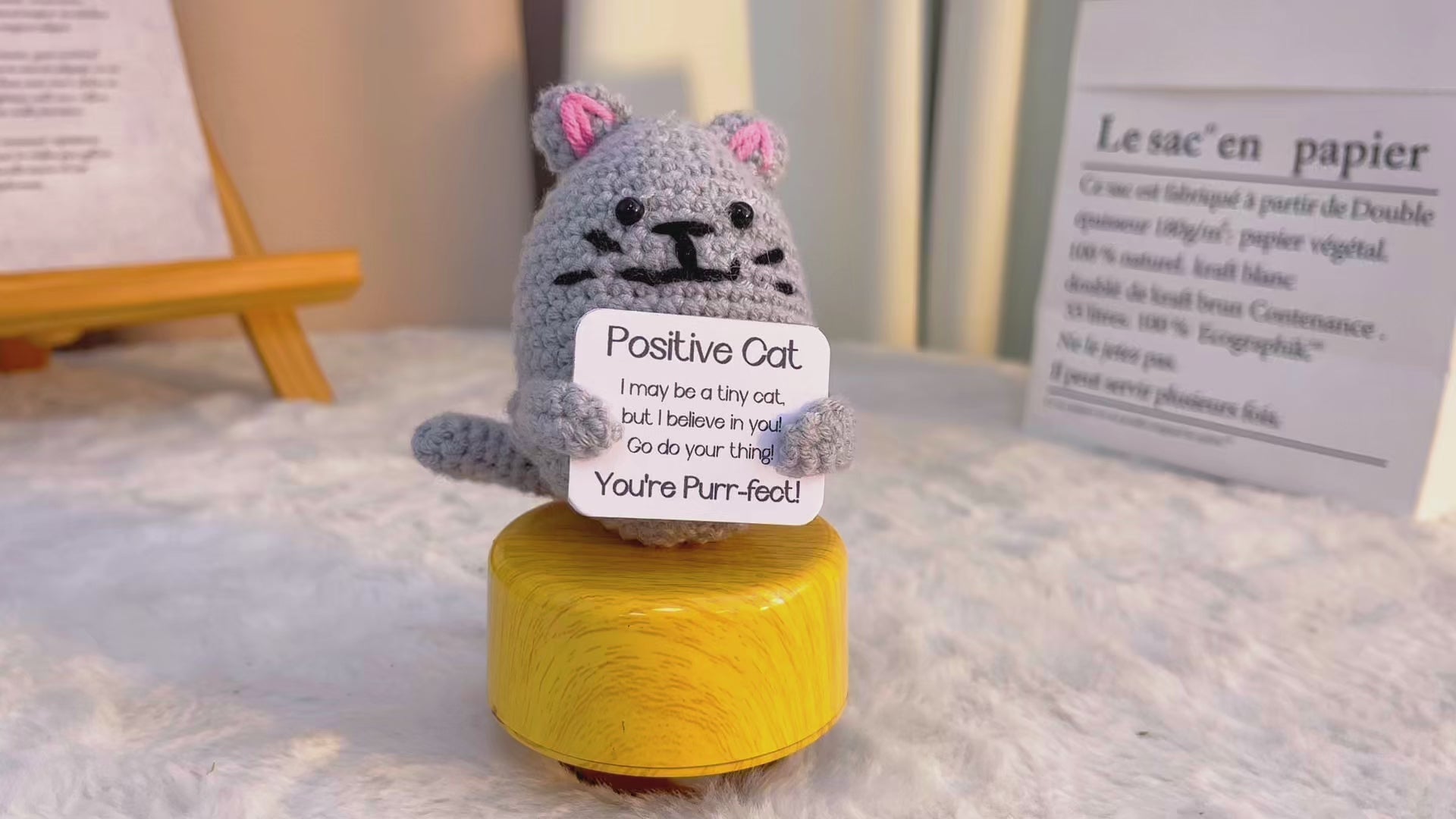 Handmade Crochet Cat Figurine - Grey Cute Cat with Customizable Positive Message Card Perfect Gift for Cat Lovers, Birthdays, Encouragement, and Home Decor