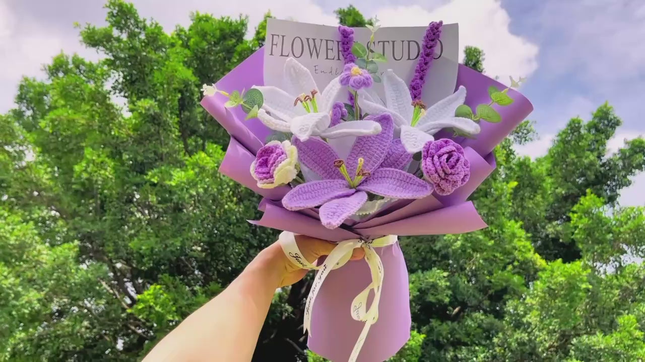 [Shipped from AU] Handmade Crocheted Purple Flower Bouquet with Lilies, Roses, Lavender & More