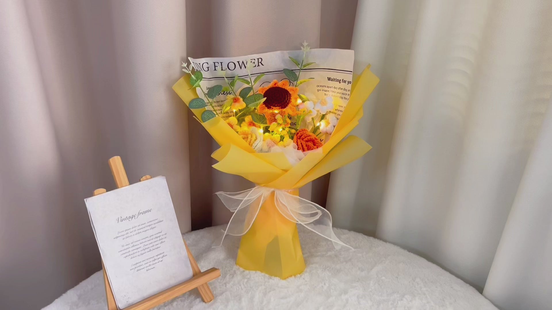 Handmade Crocheted Sunny Delight Bouquet of Roses, Sunflowers, and Puffs - Gorgeous Golden and Orange Hues