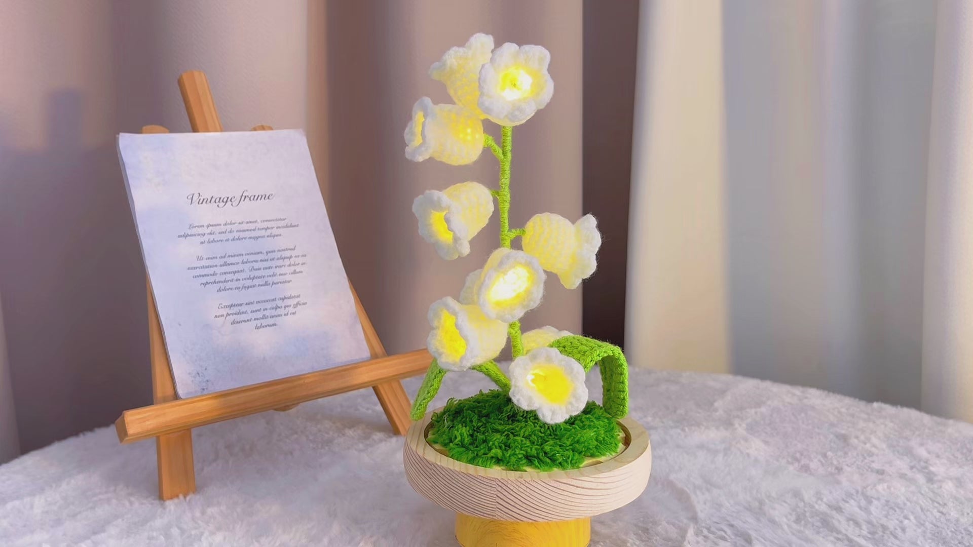 Handmade Crochet Lily of the Valley Lamp - 10-Piece Customizable Floral Light with Wooden Base, Battery-Powered, Optional Glass Dome, Hypoallergenic Desk/Bedroom Decor