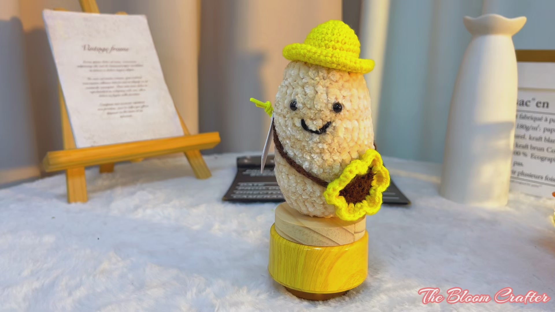Crochet Uplifting Peanut Buddy Plushie with Cute Yellow Hat and Sunflower Bag - Customizable Positive Emotional Support Card Home Décor for Friends, Birthdays, Coworker, and Celebrations
