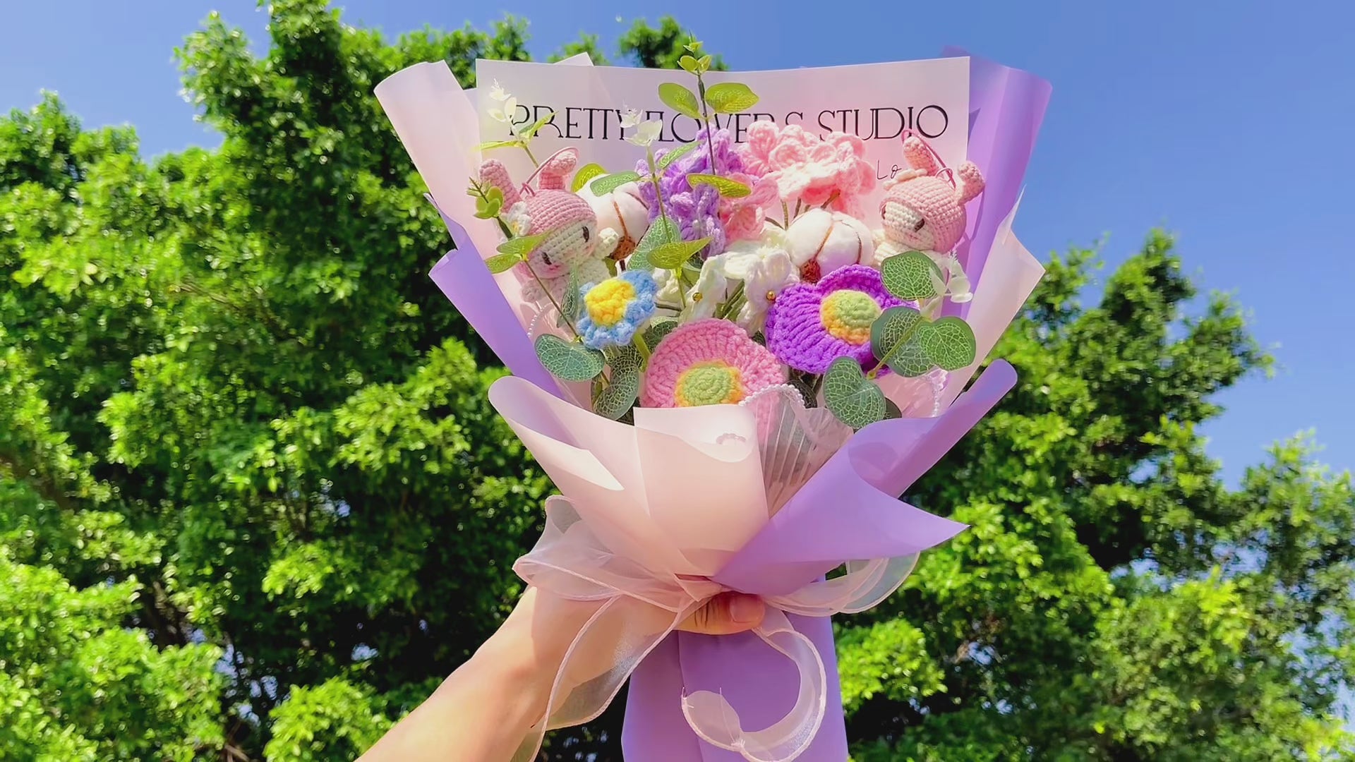 Handmade Crochet Pink Flower Sweet Rabbit Bouquet - Allergy-Friendly Gift for Birthdays, Anniversaries, Baby Showers, and Melody Weddings in Pink and Purple