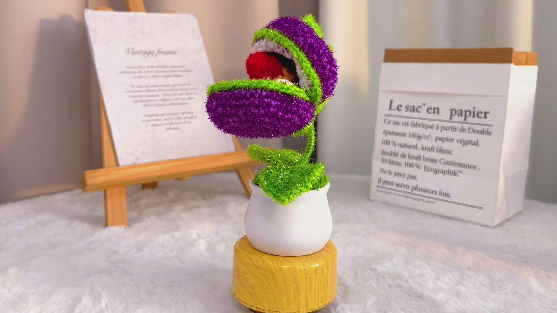 Handmade Crochet Piranha Plant Planter - Purple & Red-Yellow Tongue Potted Piranha Flower with Leaves, White Plastic Pot, Hypoallergenic Desk Decor for Gamers, Halloween & Unique Gifts