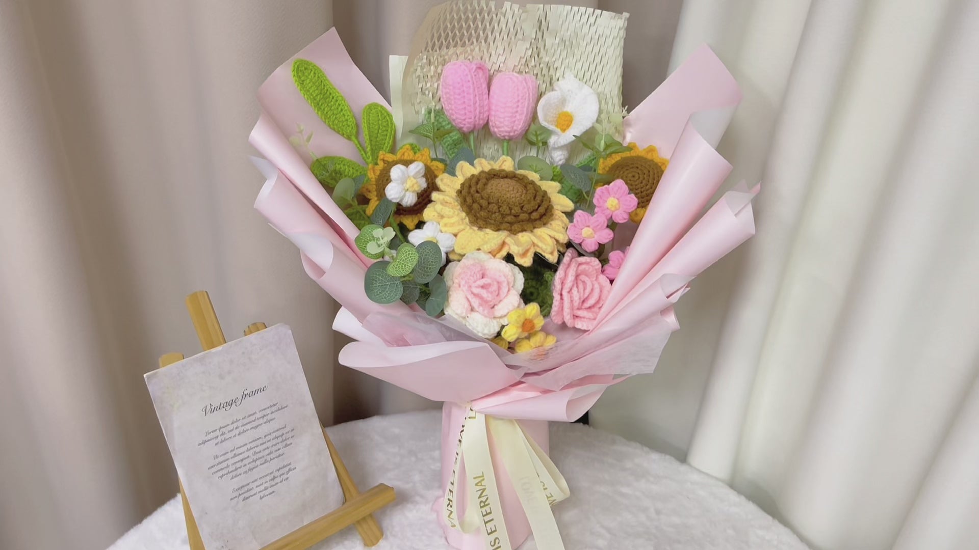 Crochet Pink & Yellow Toned Flower Bouquet - Sunflowers Roses Puffs Calla Lilies - Ideal for Spring, Mothers' Day, & Feminine Occasions