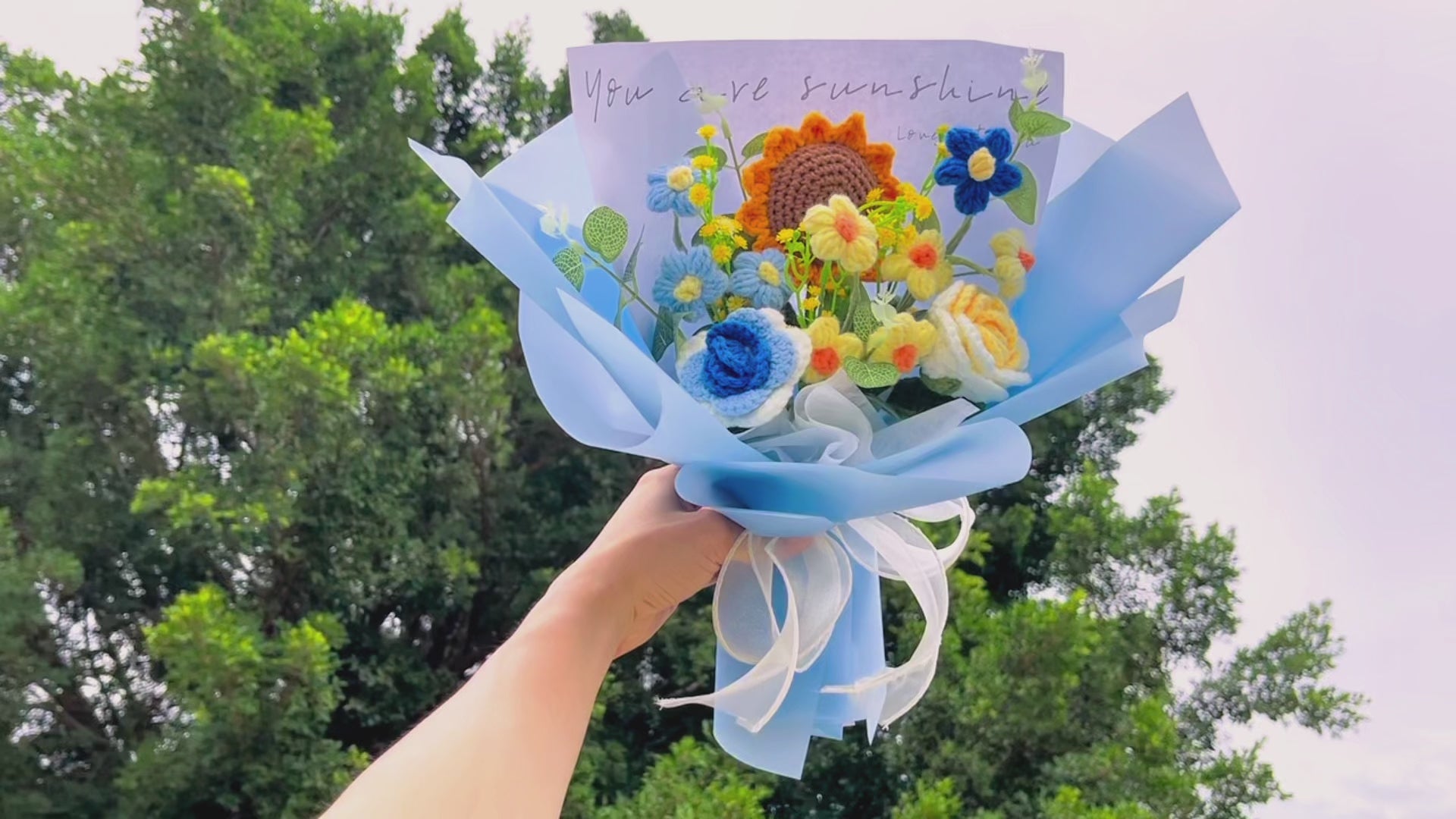 Handmade Crocheted Luminous Joy Bouquet - Roses, Sunflowers, and Puffs Bouquet