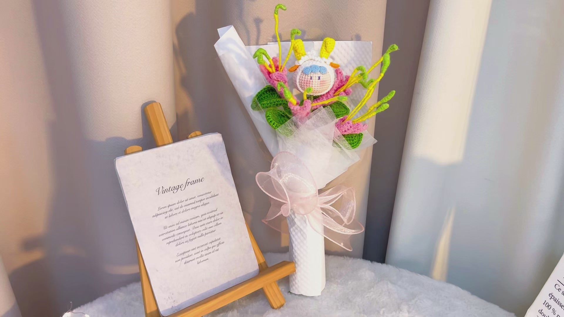 Crochet Aries Zodiac Flower Honeysuckle Bouquet - Handmade Hypoallergenic Floral Gift for Birthday, Mother’s Day, Wedding - Plush Aries Doll, White Gingham Wrapping